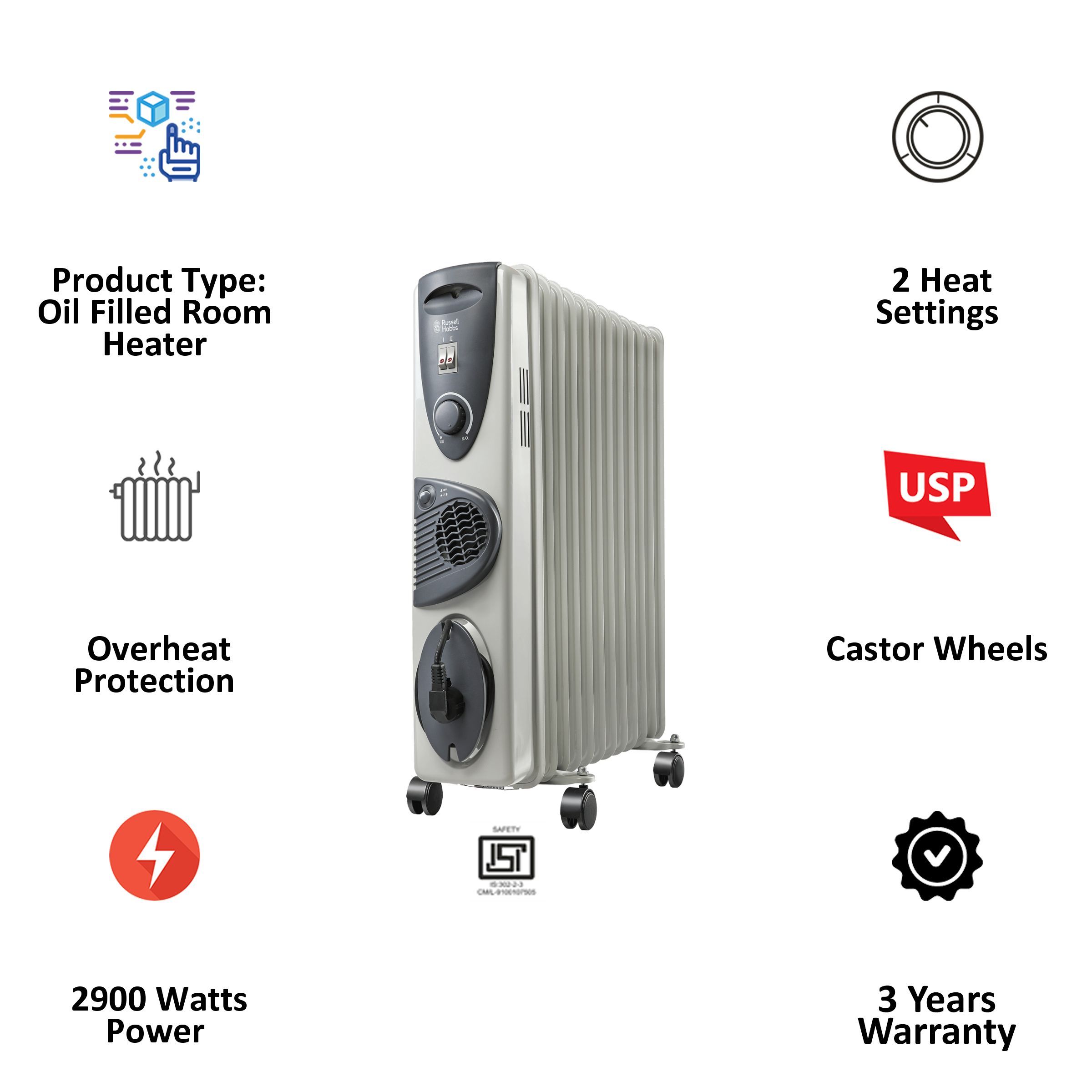 Russell Hobbs ROR12F 2900W Oil Filled Radiator Room Heater with 12 Fins (Anti Tilt Protection_4