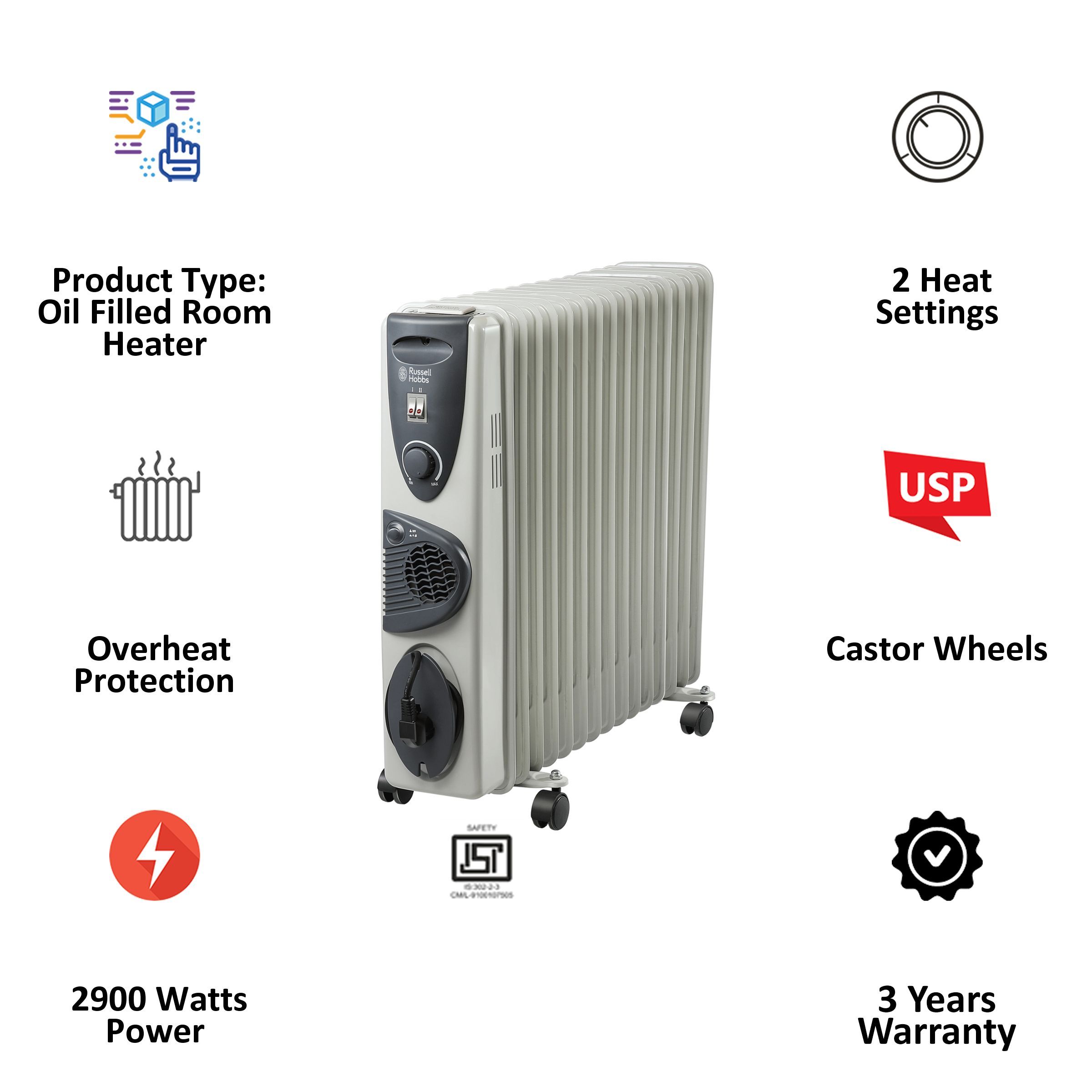 Russell Hobbs ROR15F 2900W Oil Filled Radiator Room Heater with 15 Fins (Anti Tilt Protection_4