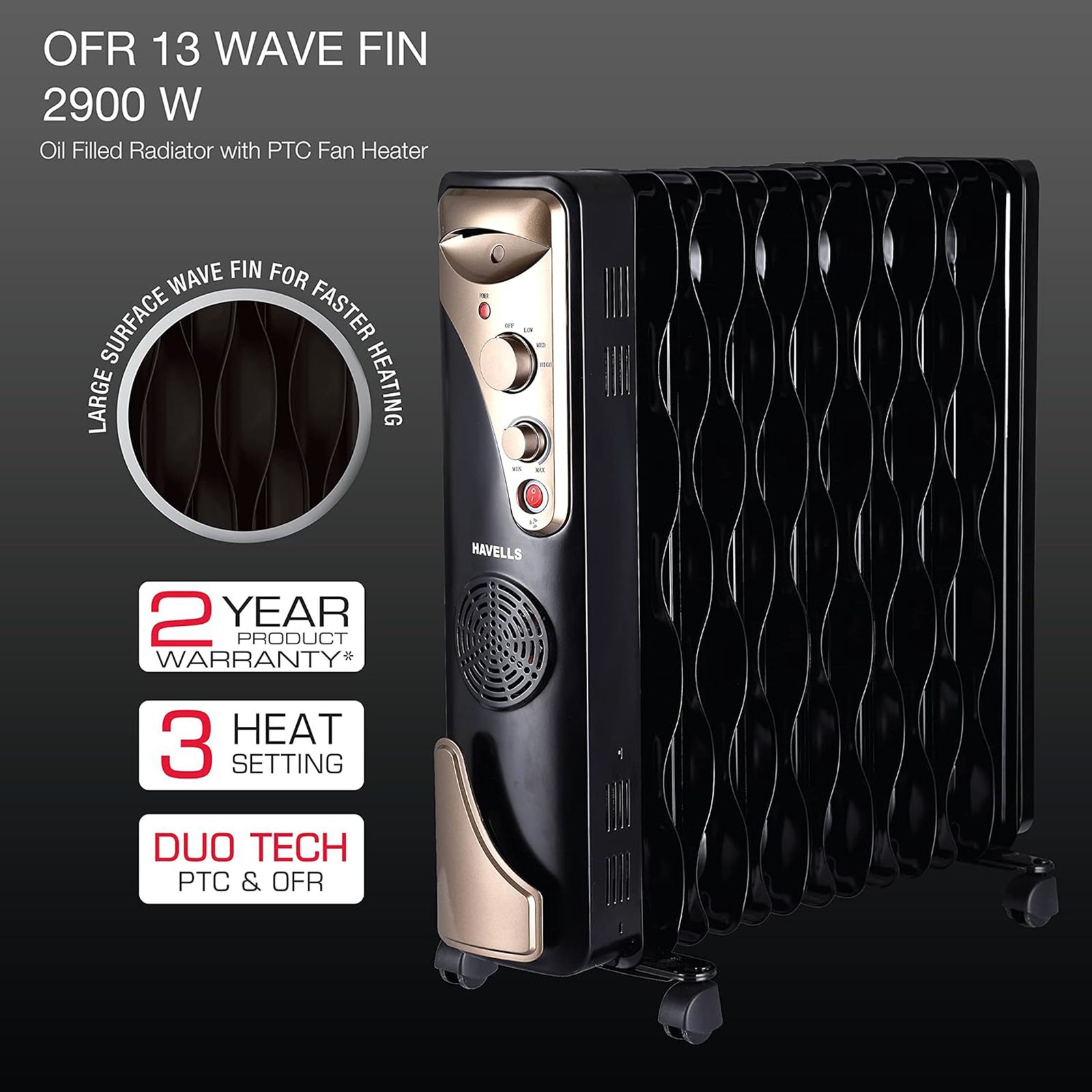 HAVELLS GHROFBHK290 2900W PTC Fan Oil Filled Radiator Room Heater with Multi Directional Heating (Safety Tilt Over Switch_5