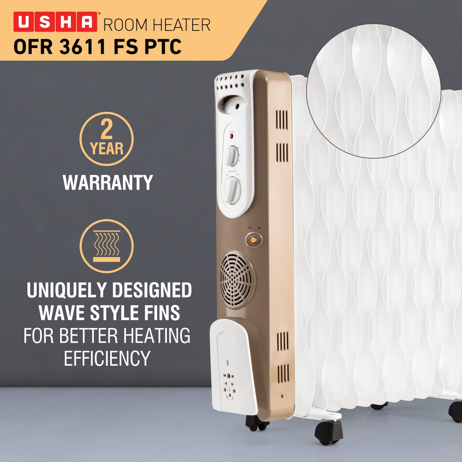 USHA 3611 FS 2500W PTC Oil Filled Radiator Room Heater with IP23 Protection (Adjustable Thermostat_4