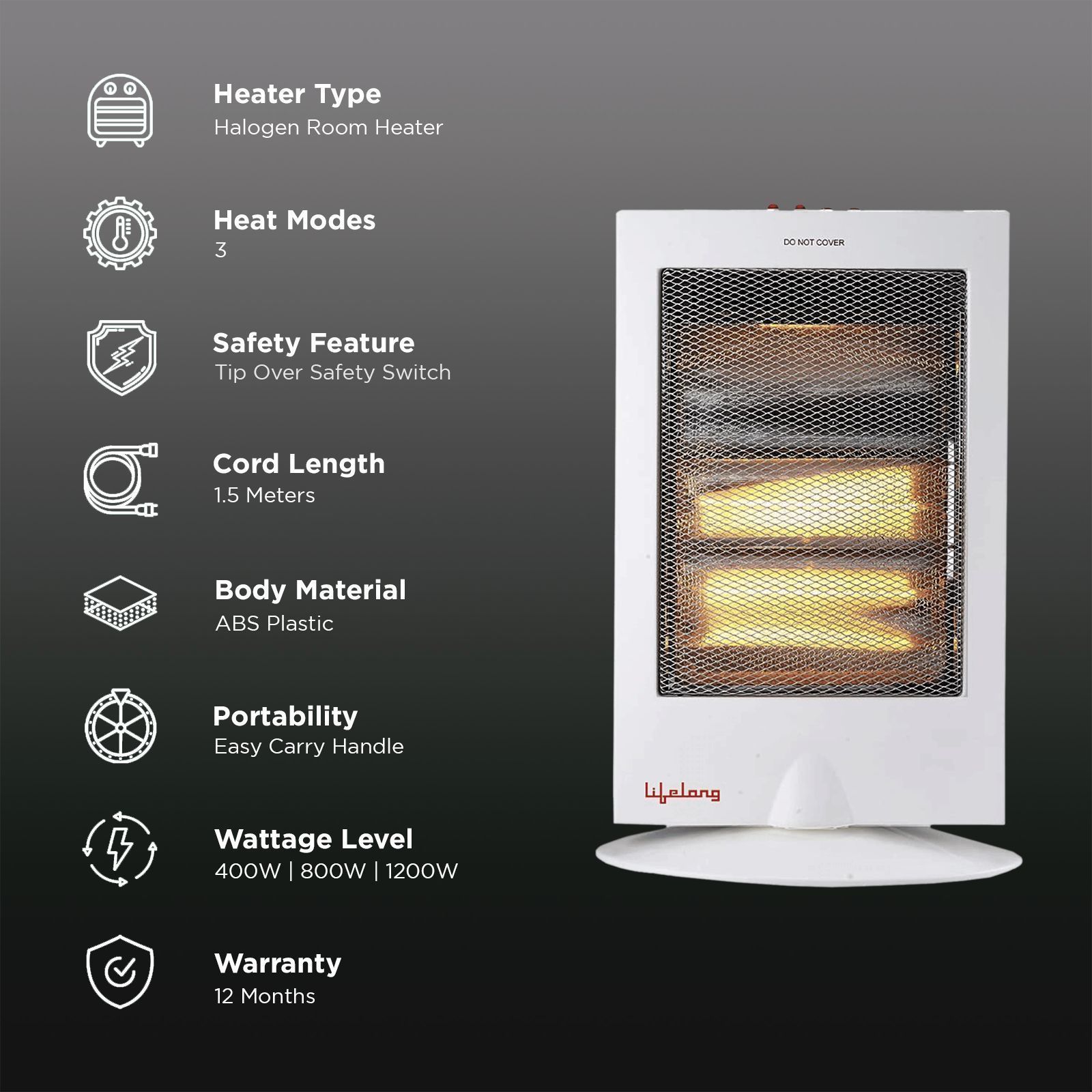 Lifelong Regalia Plus 1200W Halogen Room Heater with Oscillation Function (Front Grill Safety_3