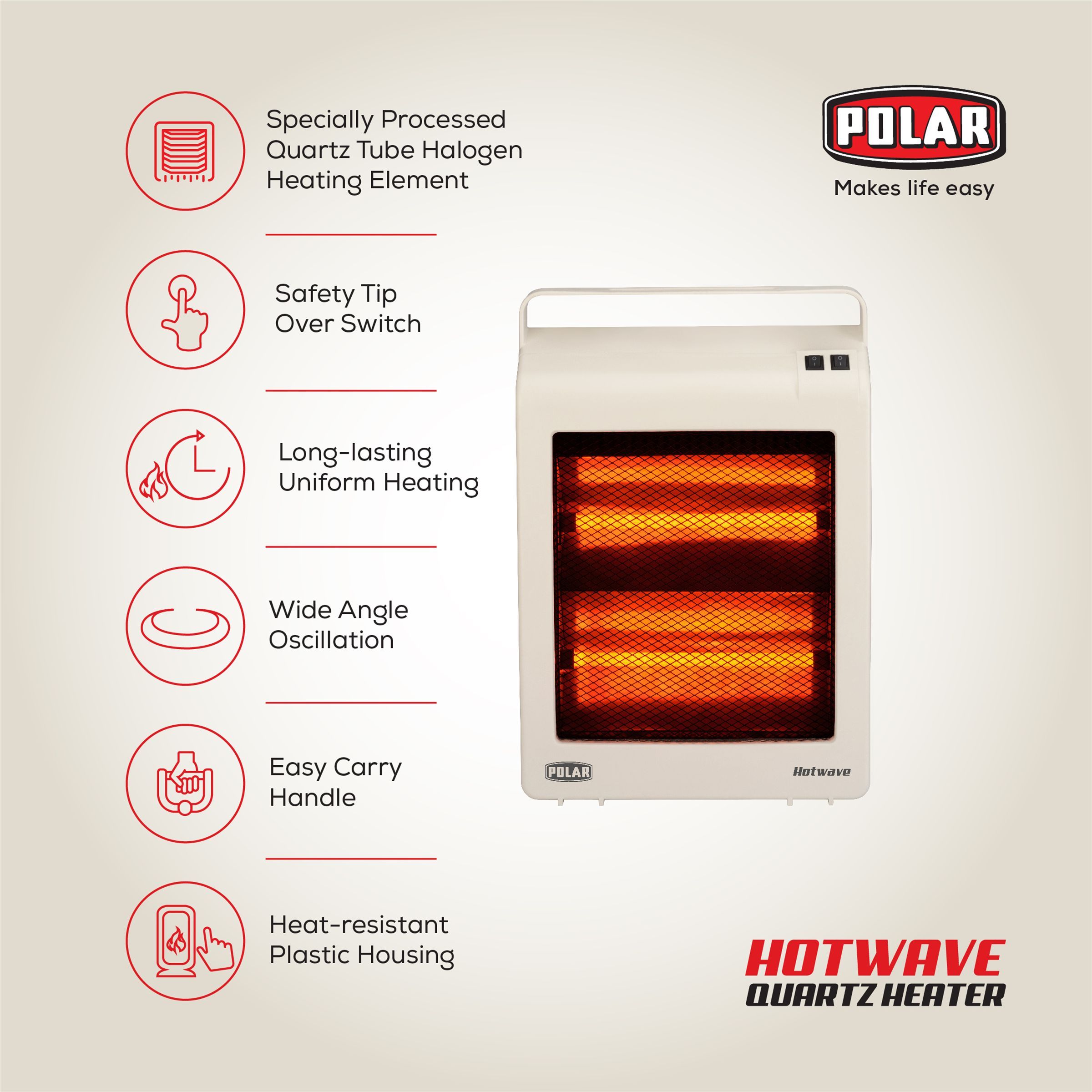 POLAR Hotwave 800W Quartz Room Heater with Rust Free Stainless Steel Reflector (Safety Mesh Grille_4