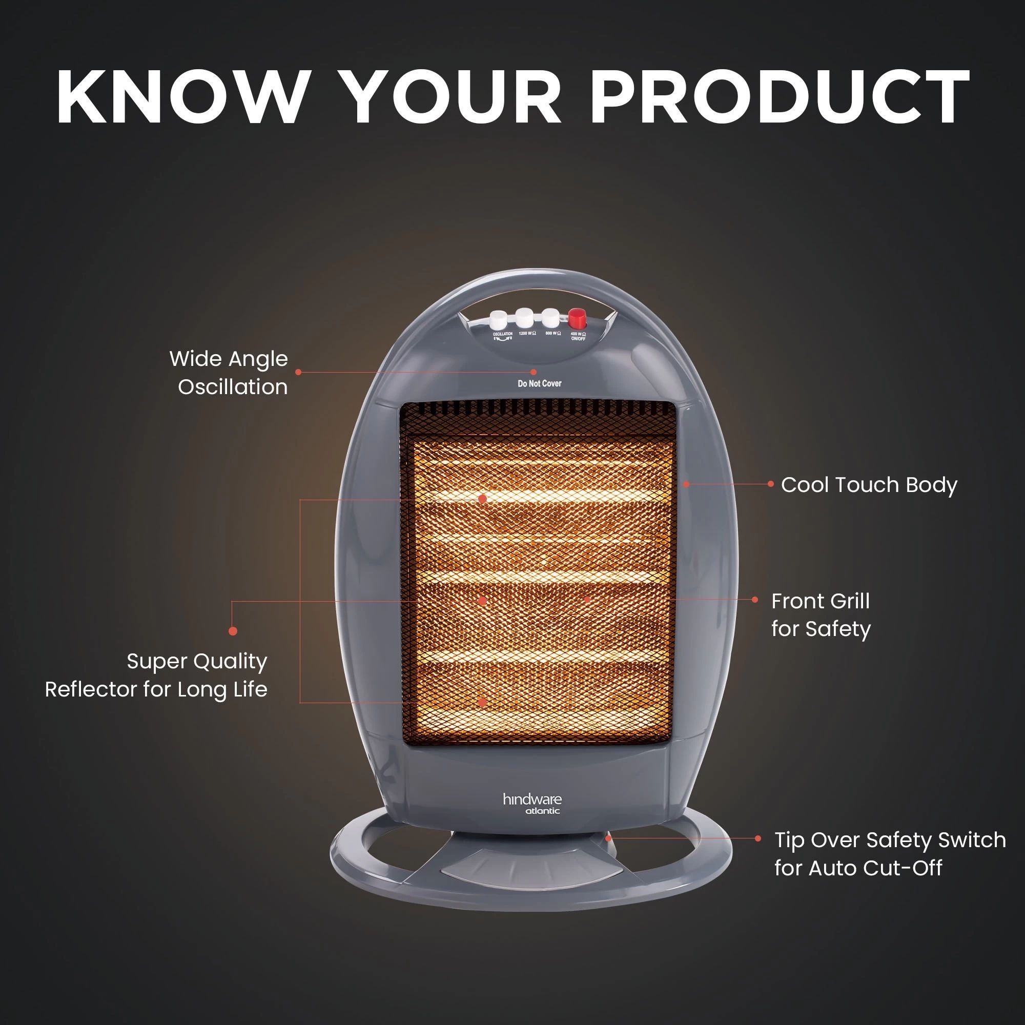 hindware Atlantic Erino Plus 1200 Watts Halogen Room Heater (Tip Over Safety Switch, HHRHEN21GNL2, Grey)_2