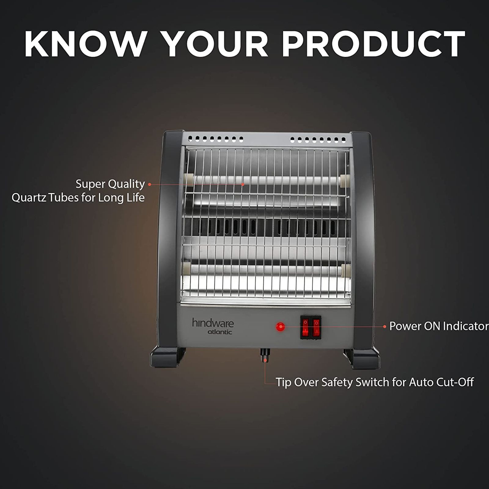 hindware Atlantic Ignitio 800 Watts Quartz Room Heater (Auto Cut Off, HQRHIN21GNL1, Grey)_2