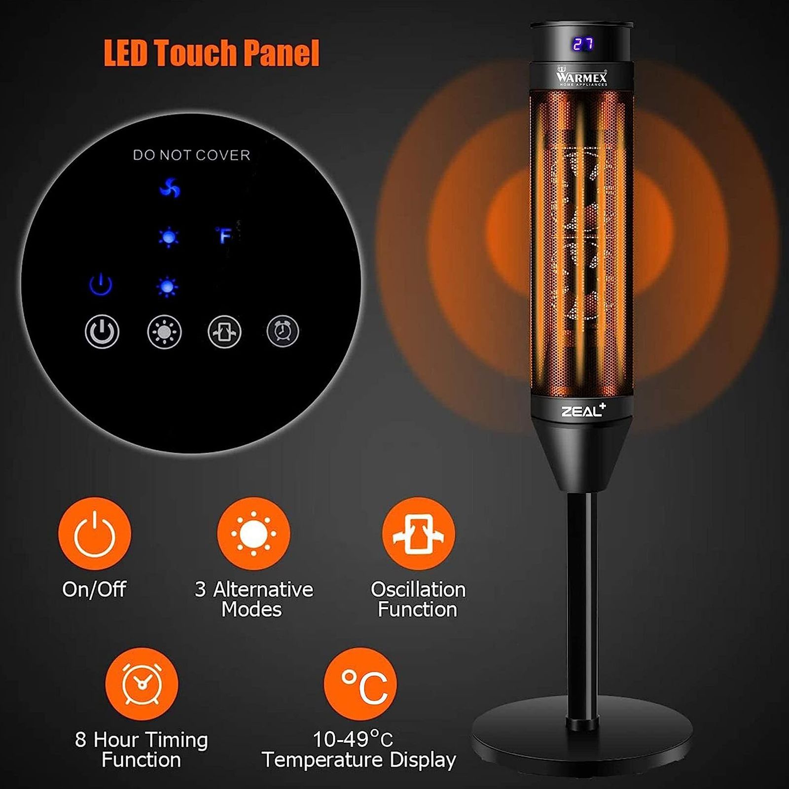 WARMEX Zeal Plus 2000 Watts PTC Heating Element Fan Room Heater (with Touch Control Digital Display and Remote Control, Black)_2