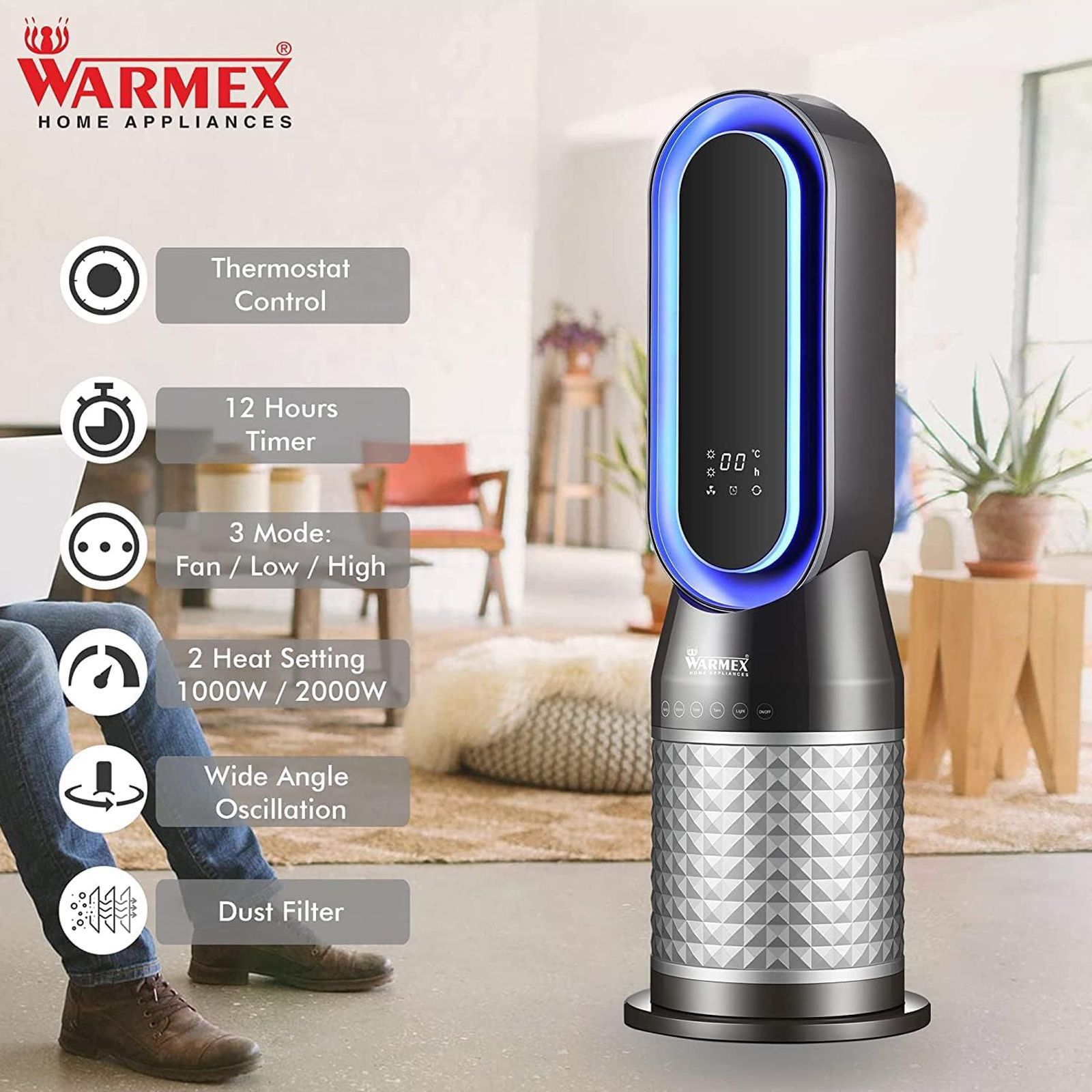 WARMEX 2000 Watts Bladeless PTC Fan Room Heater (Tip Over Safety Switch, B-PFH 2000, Black and Gray)_3