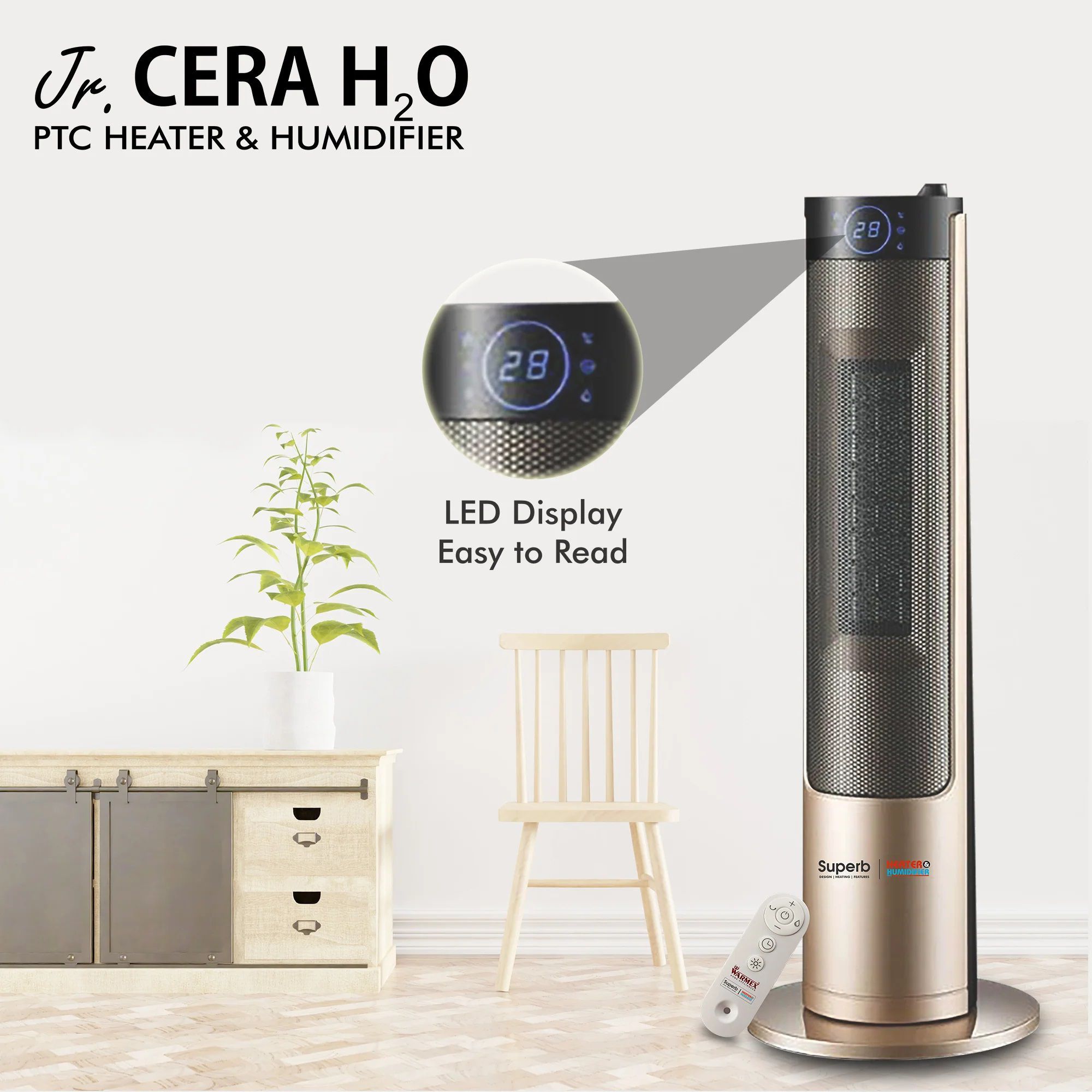 WARMEX Junior Cera H2O 2000 Watts Carbon Room Heater & Humidifier (With Remote Control, Champagne Gold)_3