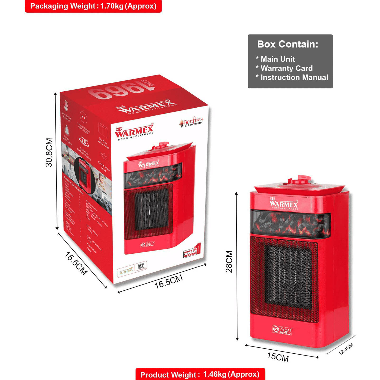 WARMEX Bonfire Plus 1500 Watts PTC Ceramic Fan Room Heater (Tip Over Safety Switch, Red)_7