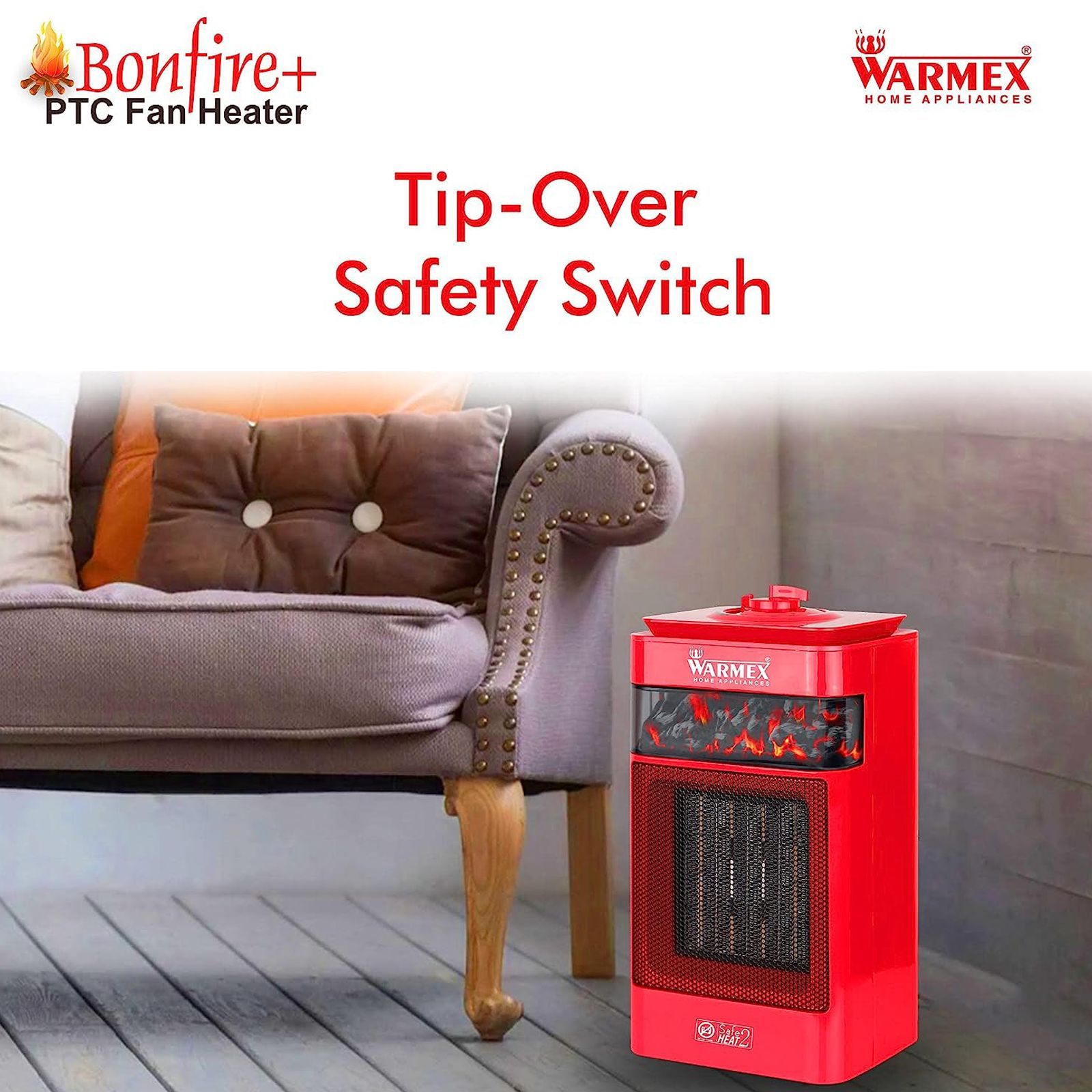 WARMEX Bonfire Plus 1500 Watts PTC Ceramic Fan Room Heater (Tip Over Safety Switch, Red)_2