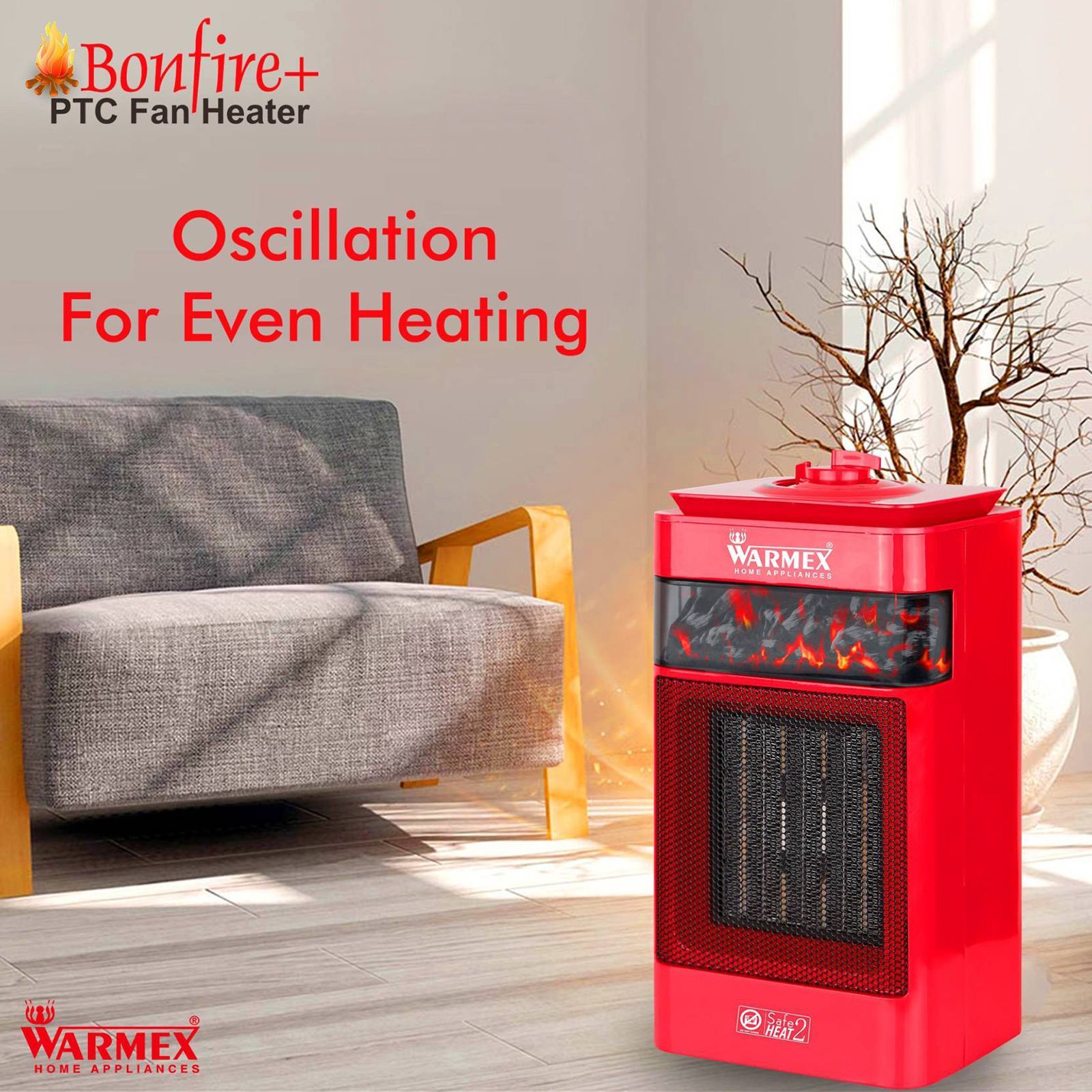 WARMEX Bonfire Plus 1500 Watts PTC Ceramic Fan Room Heater (Tip Over Safety Switch, Red)_4
