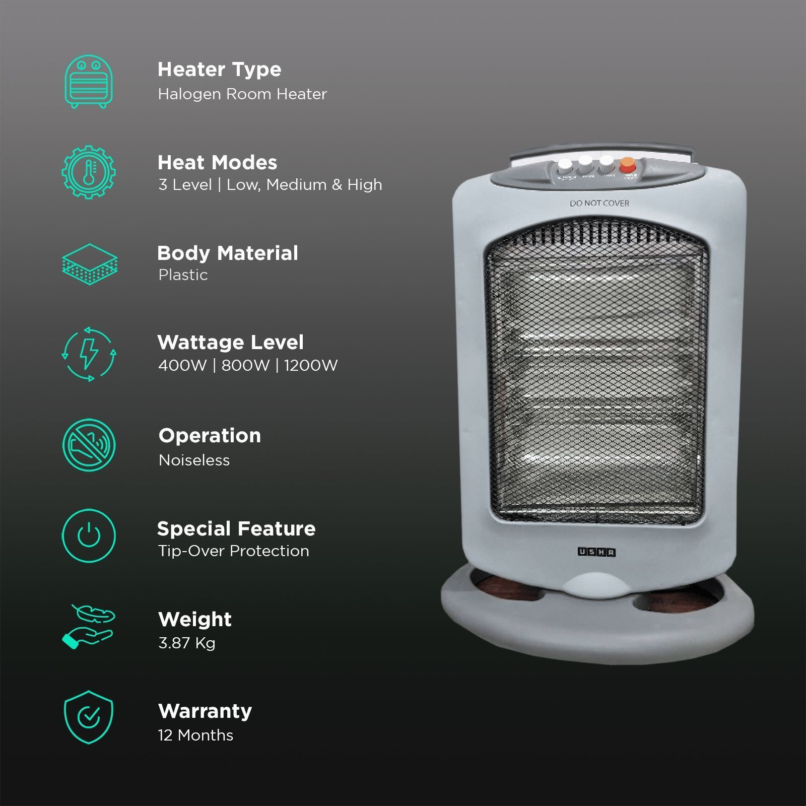 USHA HH 4003 1200W Halogen Room Heater with Automatic Oscillation (Safety Tip Over Protection USHA HH 4003 1200W Halogen Room Heater with Automatic Oscillation (Safety Tip Over Protection_3