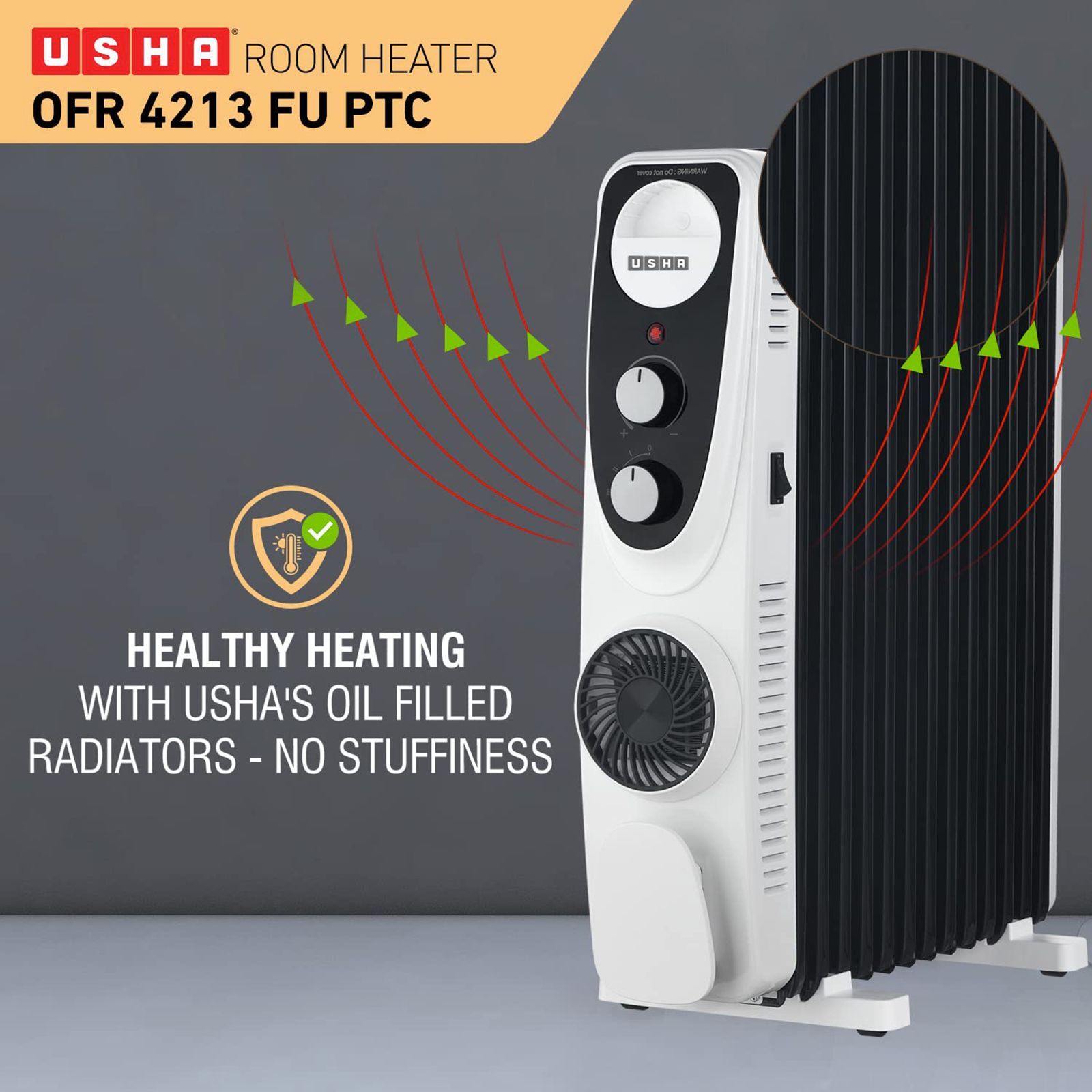 USHA 4213 F 2500W PTC Oil Filled Radiator Room Heater with IP23 Protection (Adjustable Thermostat_6