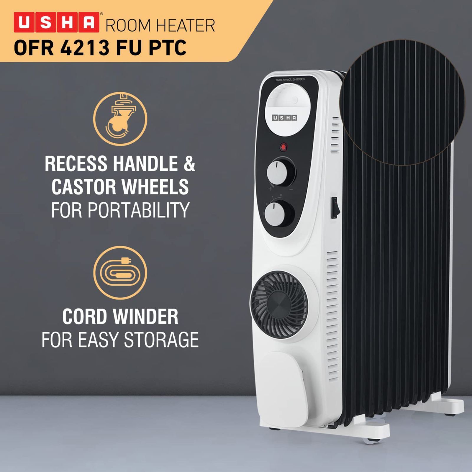 USHA 4213 F 2500W PTC Oil Filled Radiator Room Heater with IP23 Protection (Adjustable Thermostat_7