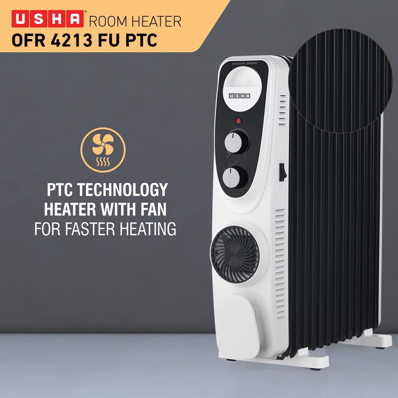 USHA 4213 F 2500W PTC Oil Filled Radiator Room Heater with IP23 Protection (Adjustable Thermostat_8