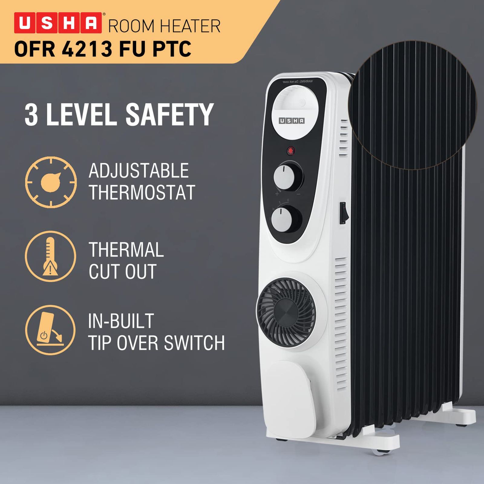 USHA 4213 F 2500W PTC Oil Filled Radiator Room Heater with IP23 Protection (Adjustable Thermostat_5