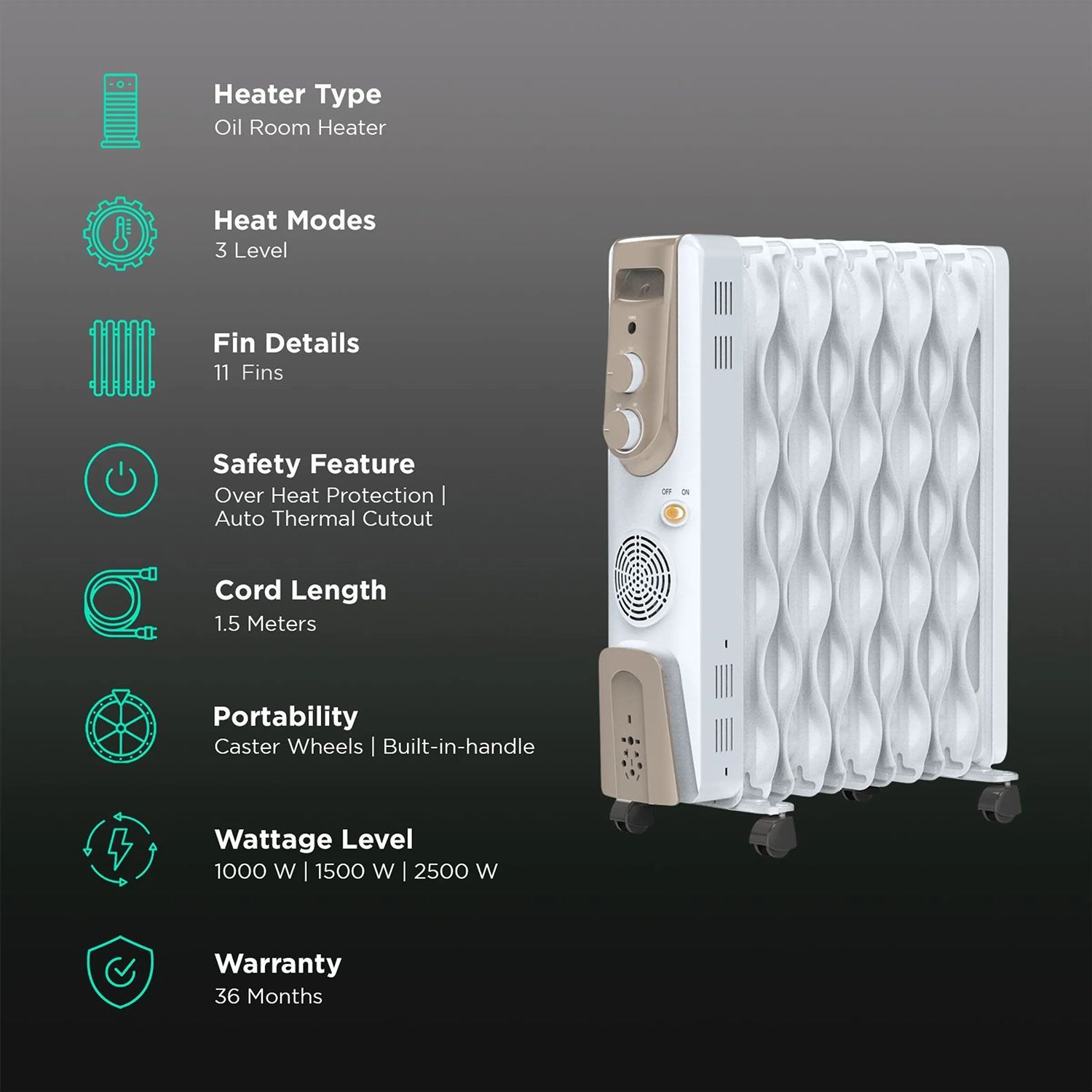 BAJAJ Vienna OFR 11F 2500W Oil Filled Radiator Room Heater with Automatic Thermal Cutout (Adjustable Thermostat_3