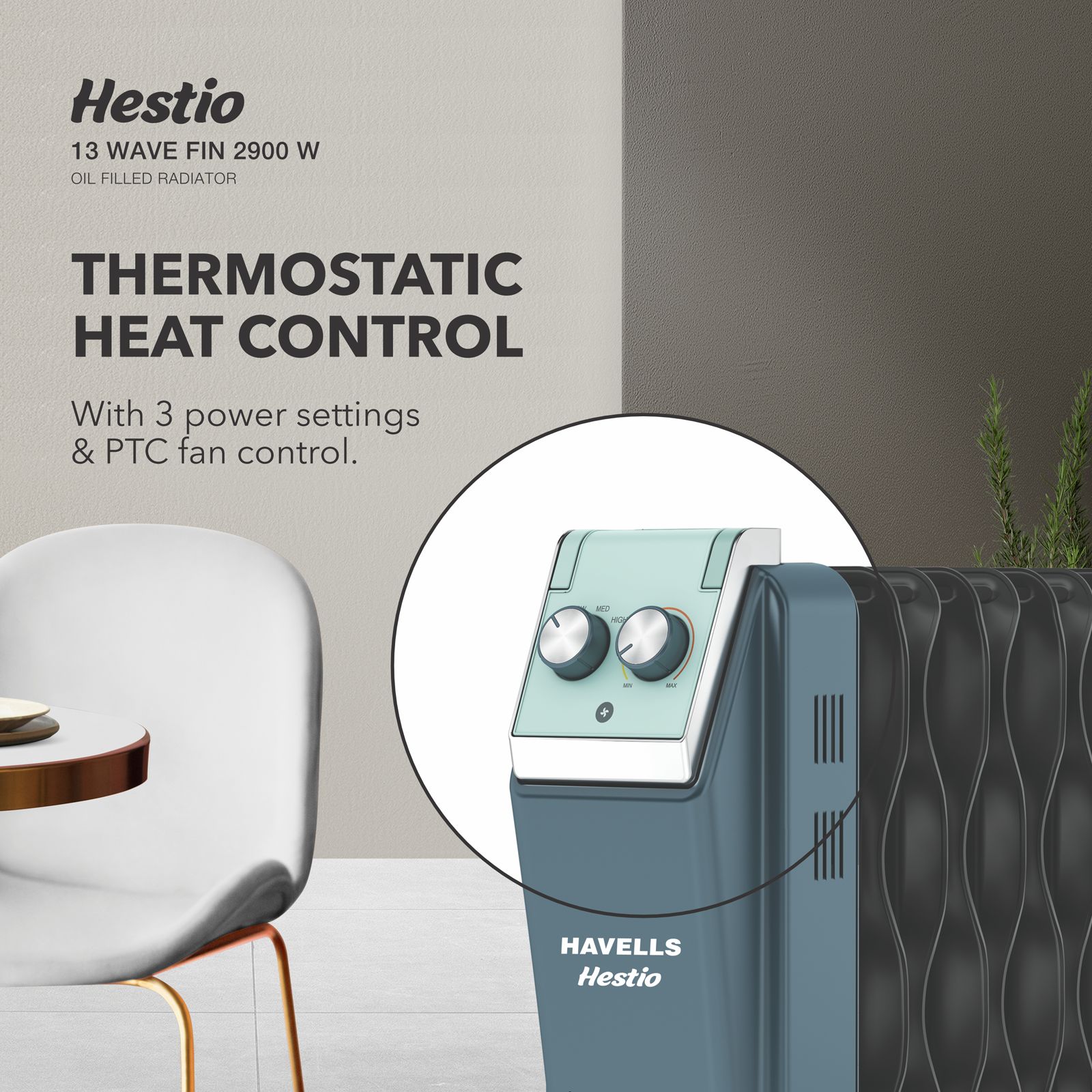 HAVELLS Hestio 2900W PTC Fan Oil Filled Radiator Room Heater with 13 Wave Fins (Thermostatic Heat Control_7