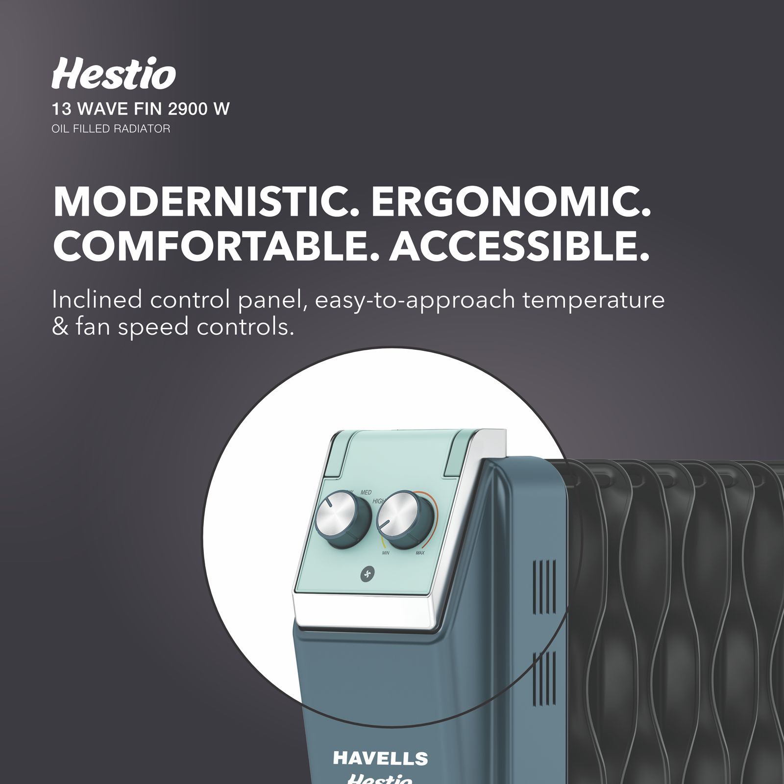 HAVELLS Hestio 2900W PTC Fan Oil Filled Radiator Room Heater with 13 Wave Fins (Thermostatic Heat Control_2