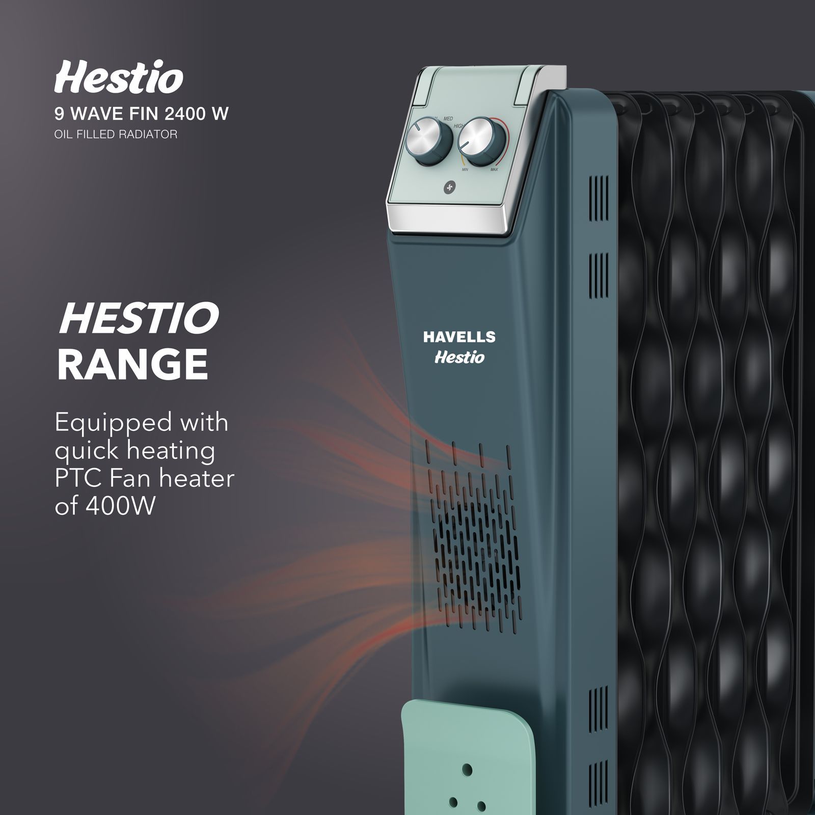 HAVELLS Hestio 2400W PTC Fan Oil Filled Radiator Room Heater with 9 Wave Fins (Thermostatic Heat Control_9