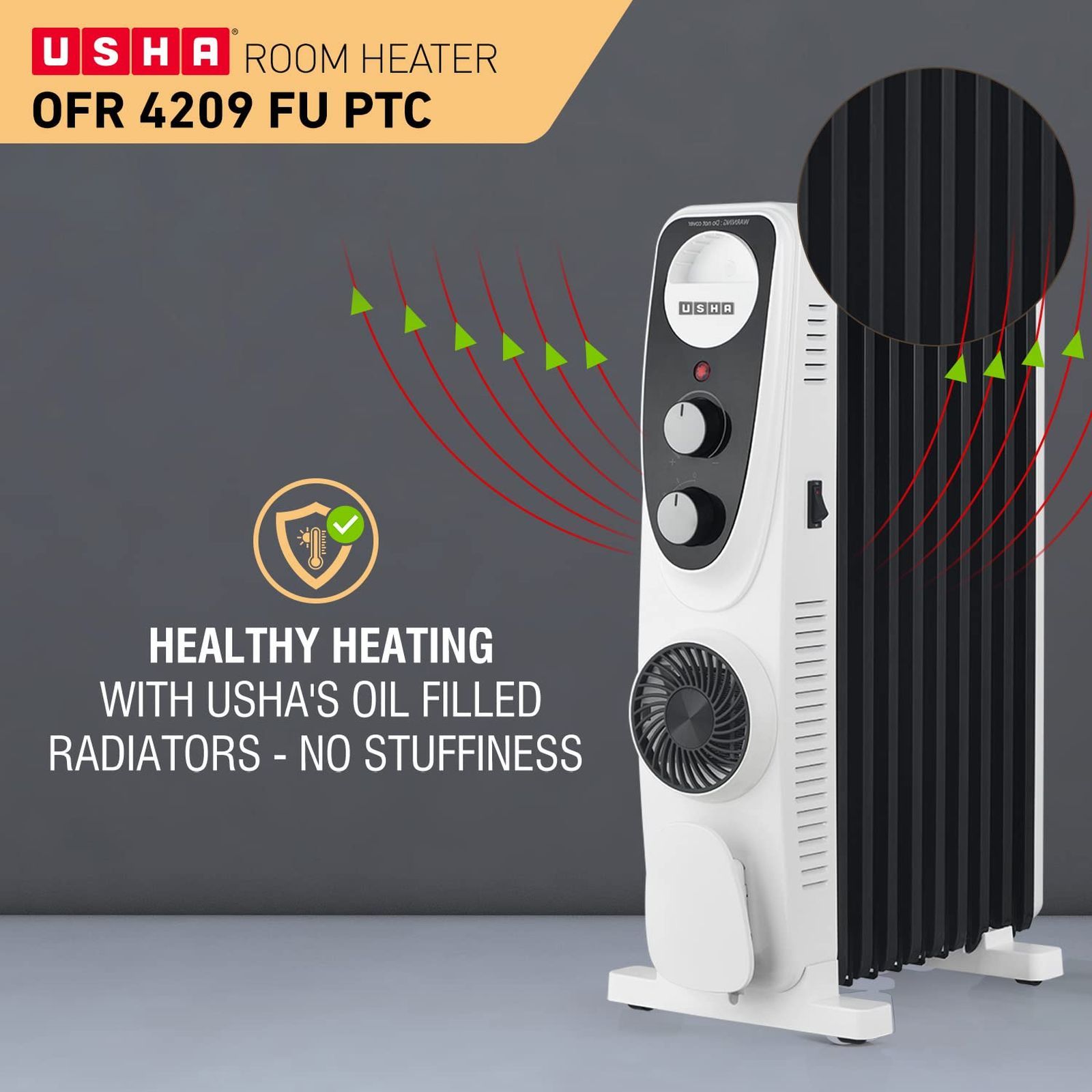 USHA 4209 FU 2000W PTC Oil Filled Radiator Room Heater with 9 Fins (Adjustable Thermostat_7