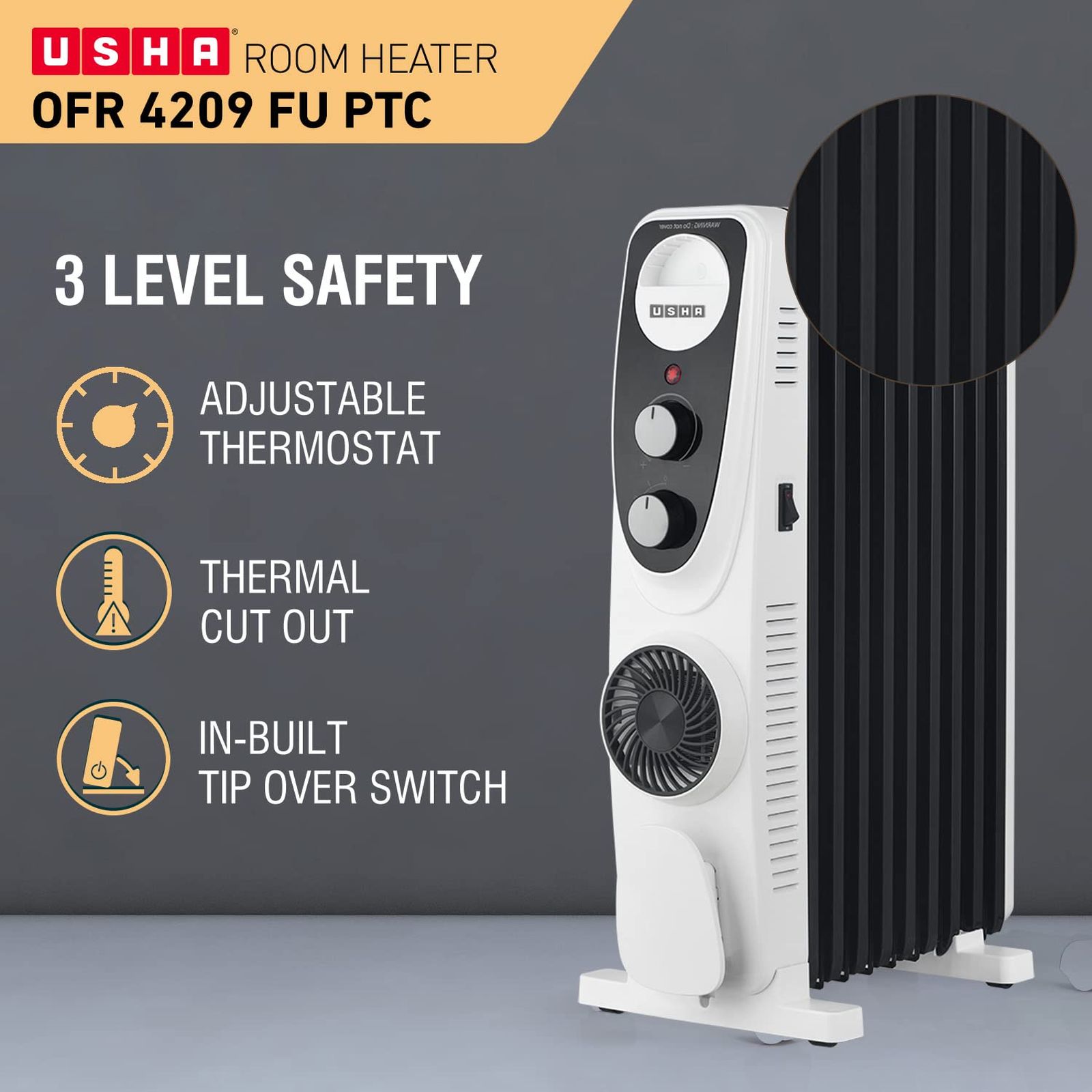 USHA 4209 FU 2000W PTC Oil Filled Radiator Room Heater with 9 Fins (Adjustable Thermostat_4