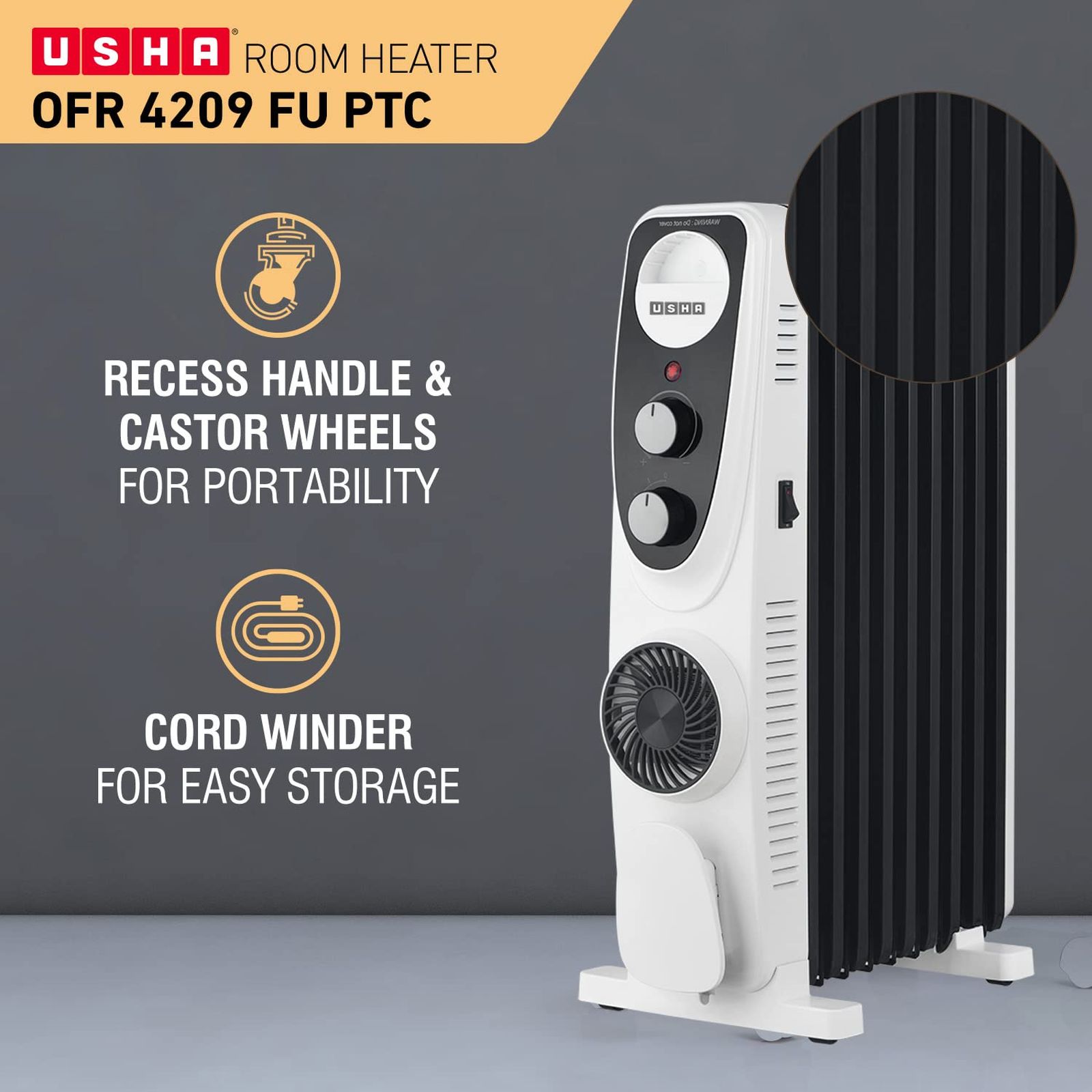 USHA 4209 FU 2000W PTC Oil Filled Radiator Room Heater with 9 Fins (Adjustable Thermostat_5