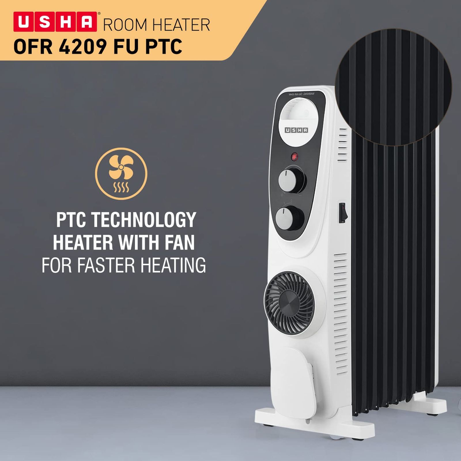 USHA 4209 FU 2000W PTC Oil Filled Radiator Room Heater with 9 Fins (Adjustable Thermostat_6