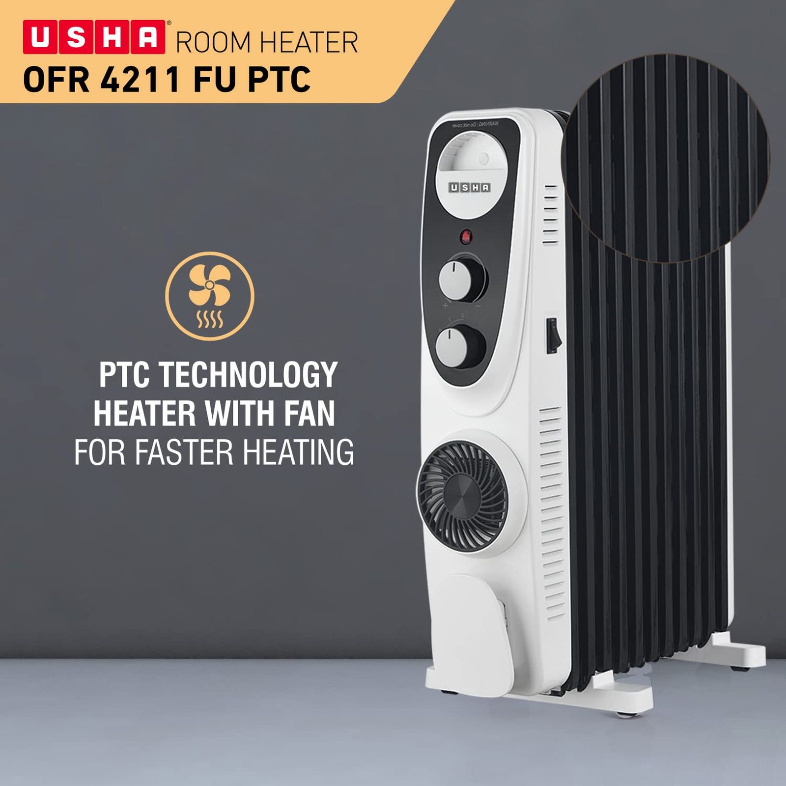 USHA 4211 FU 2300W PTC Oil Filled Radiator Room Heater with 11 Fins (Adjustable Thermostat_4