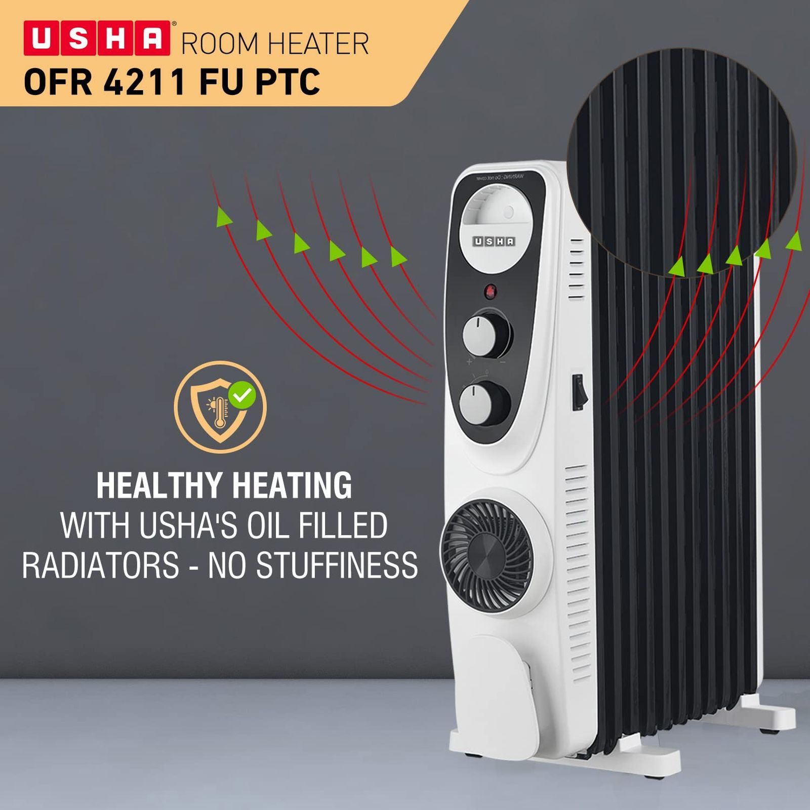 USHA 4211 FU 2300W PTC Oil Filled Radiator Room Heater with 11 Fins (Adjustable Thermostat_5