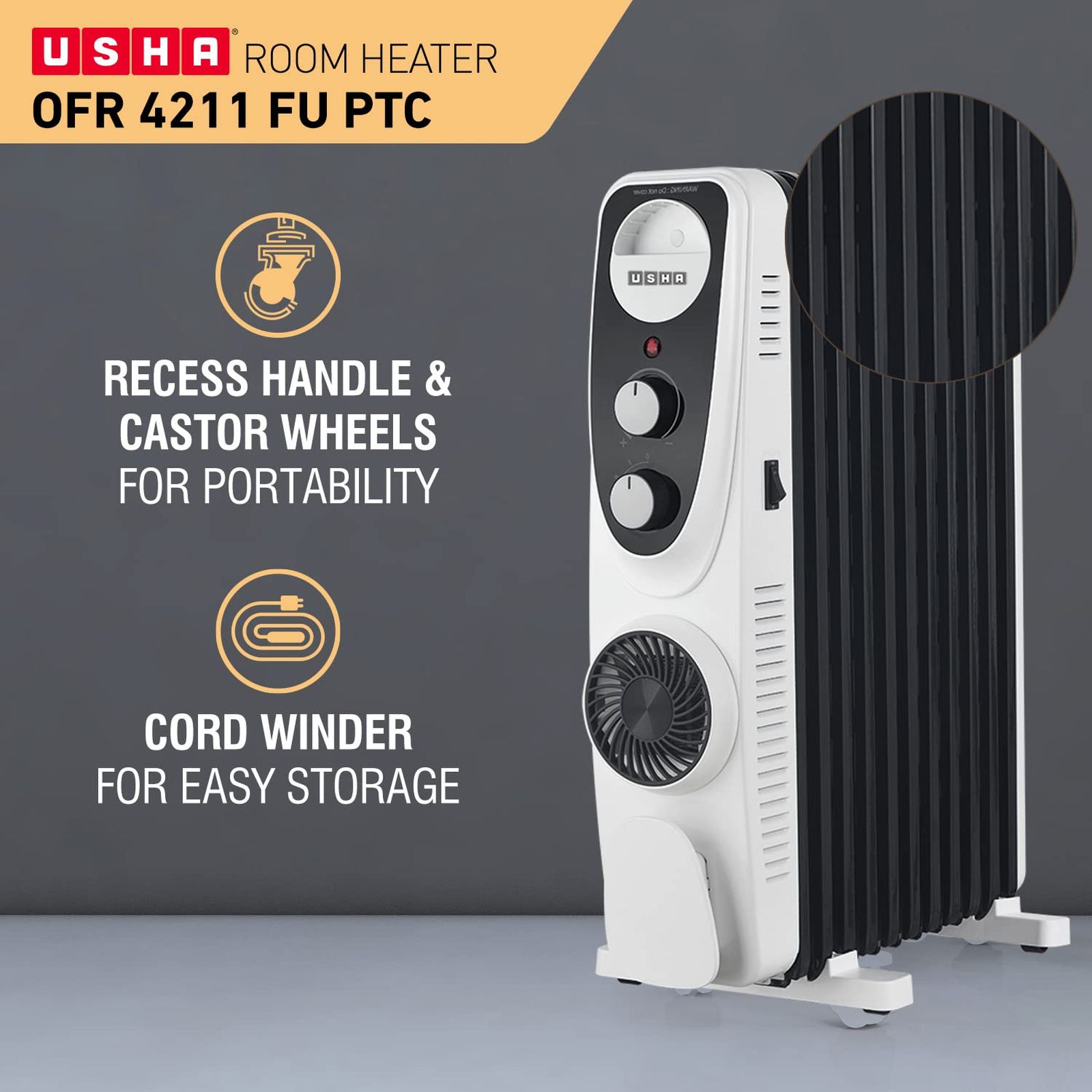 USHA 4213 FU 2500W PTC Oil Filled Radiator Room Heater with 13 Fins (Adjustable Thermostat_7