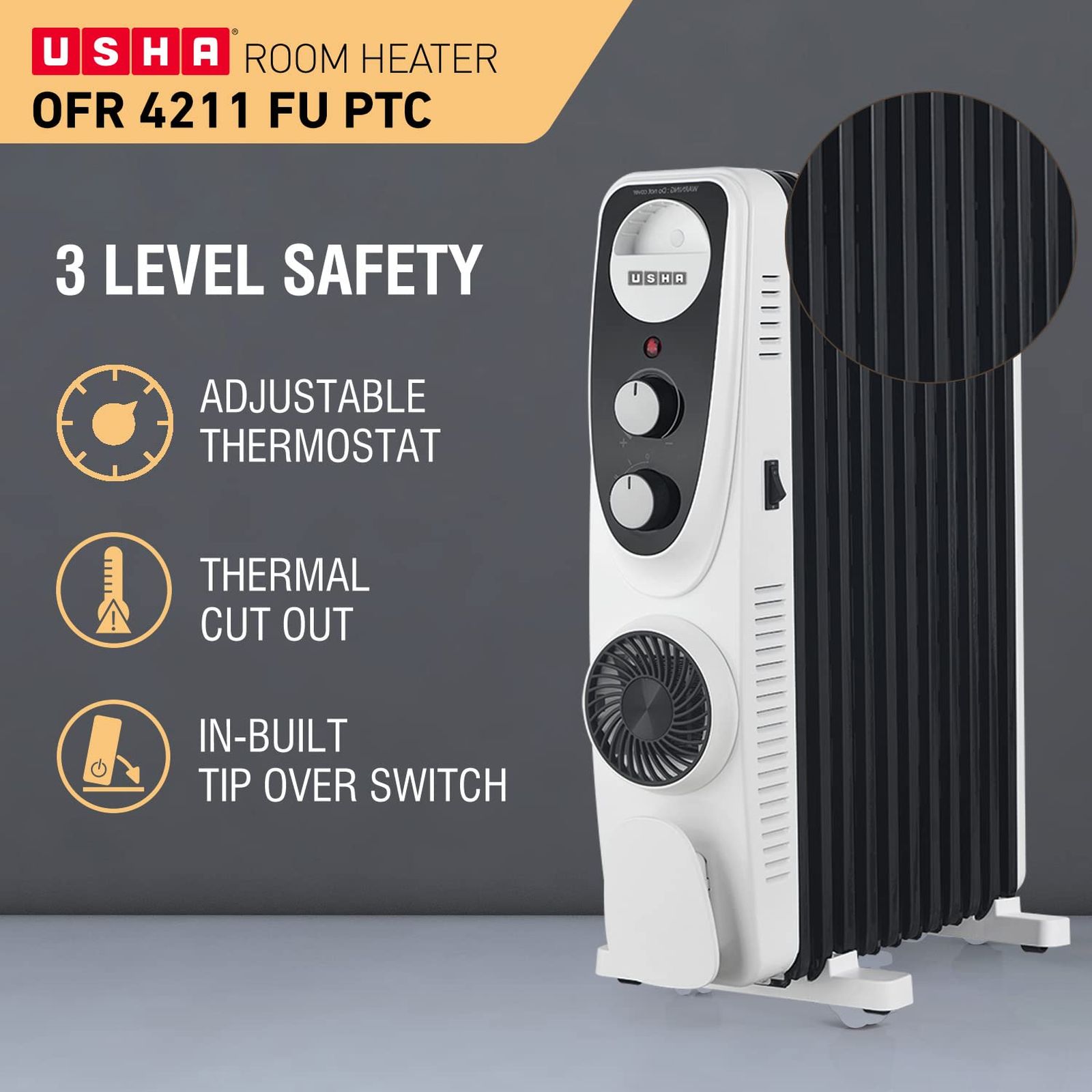 USHA 4213 FU 2500W PTC Oil Filled Radiator Room Heater with 13 Fins (Adjustable Thermostat_6