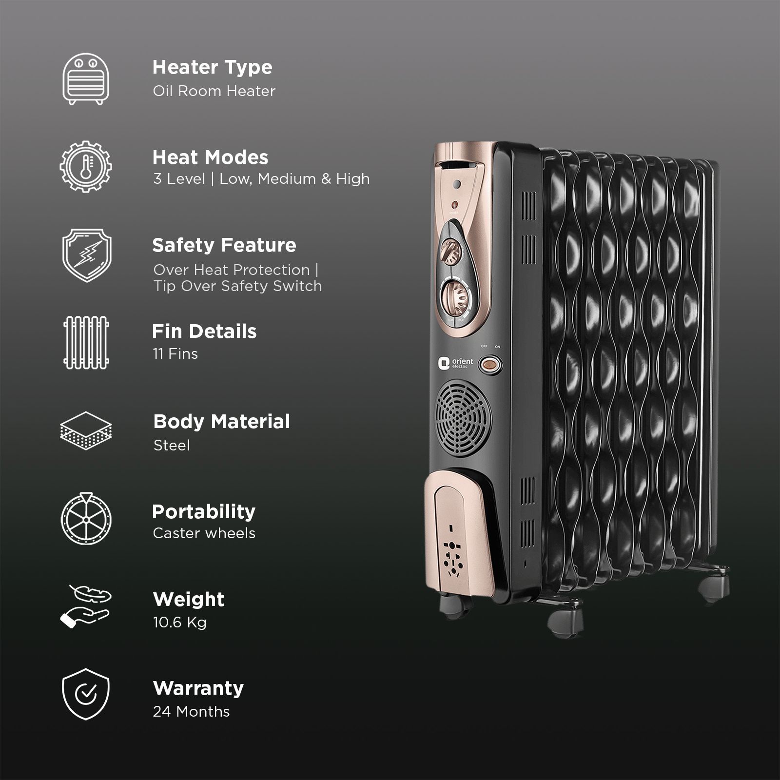 Orient Comforter Collection 2900W Oil Filled Room Heater with 11 Fins (Triple Overheat Protection, Black & Gold) Orient Comforter Collection 2900W Oil Filled Room Heater with 11 Fins (Triple Overheat Protection, Black & Gold)_3