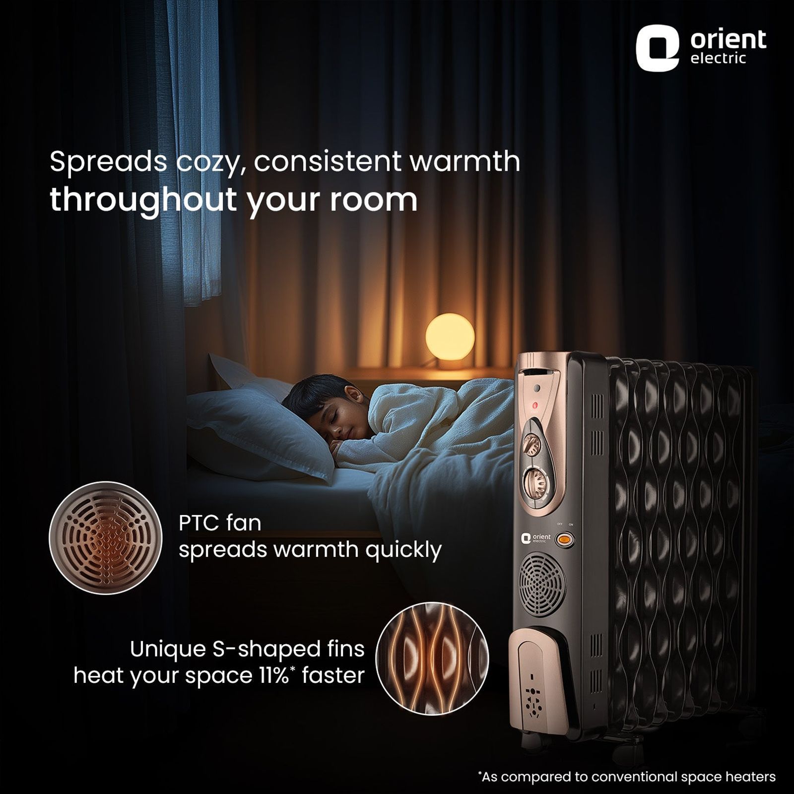 Orient Comforter Collection 2900W Oil Filled Room Heater with 11 Fins (Triple Overheat Protection, Black & Gold) Orient Comforter Collection 2900W Oil Filled Room Heater with 11 Fins (Triple Overheat Protection, Black & Gold)_4