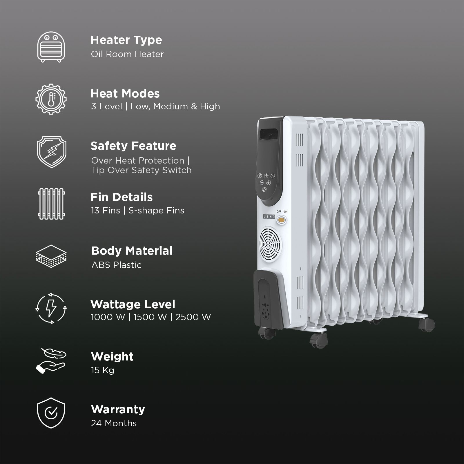 USHA 4313 FSE 2500W PTC Oil Filled Room Heater with 3 Heating Modes (S-Shape Fins, White)_3