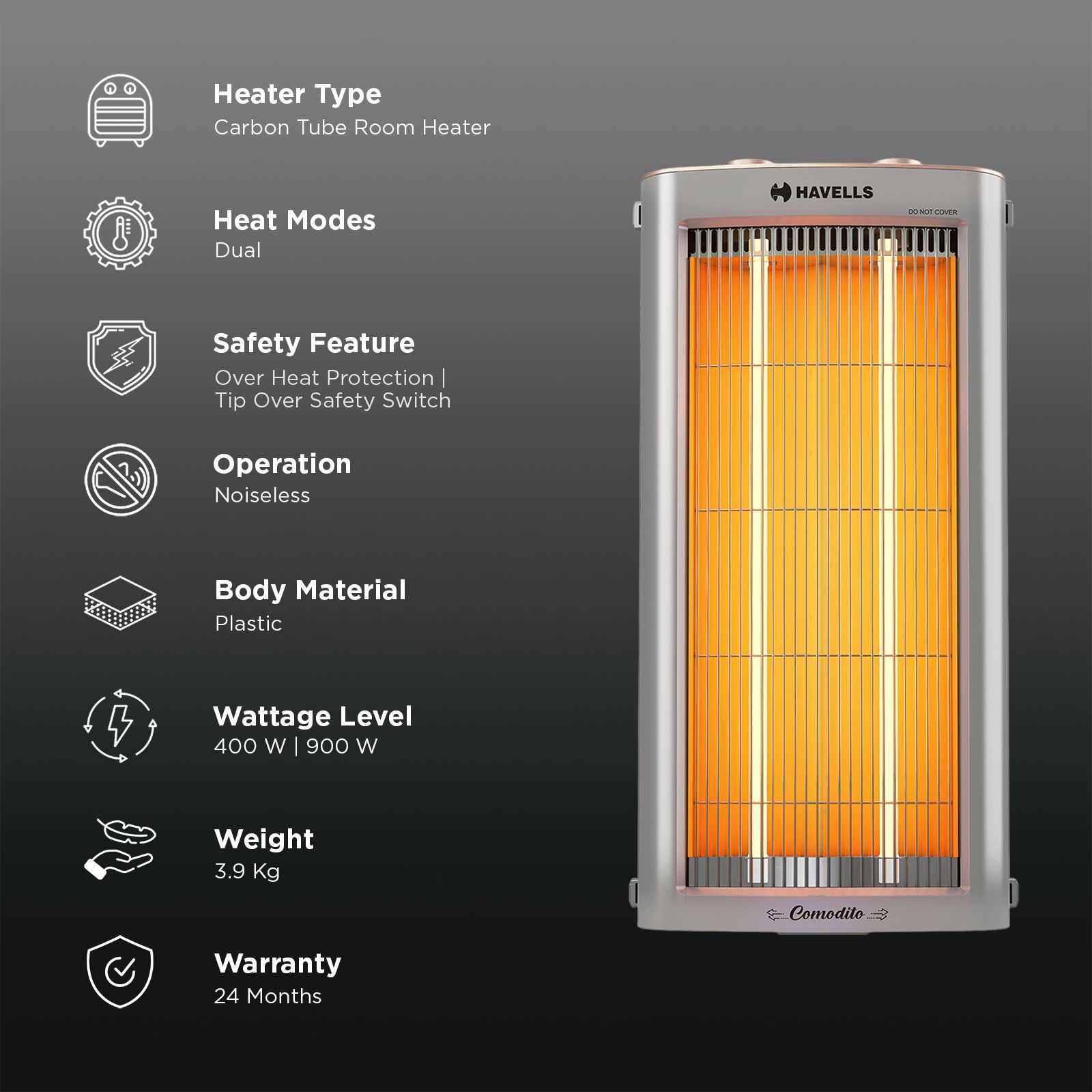 HAVELLS Comodito 900W Carbon Room Heater with Tip Over Safety Switch (Customizable Sleep Timer, Grey)_3