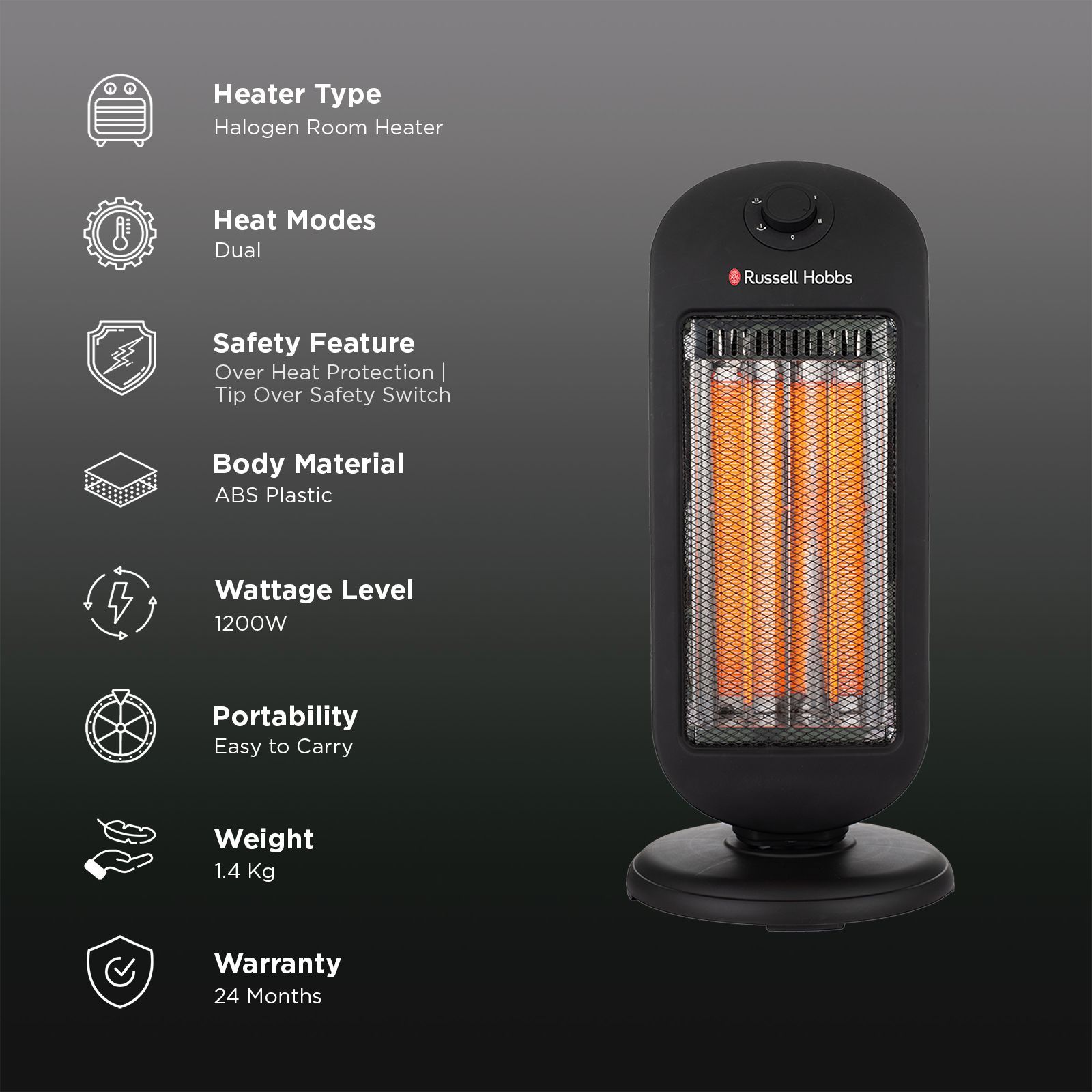 Russell Hobbs Tower 1200W Carbon Room Heater with Custom Heat Control (Dual Carbon Tubes, Black)_3