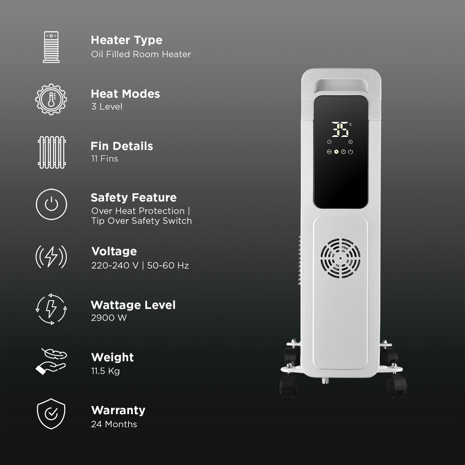 Russell Hobbs ROR11DF 2900W Digital Oil Filled Radiator Room Heater with 11 Radiating Heating Fins (Oxygen-Friendly Heating, White)_3