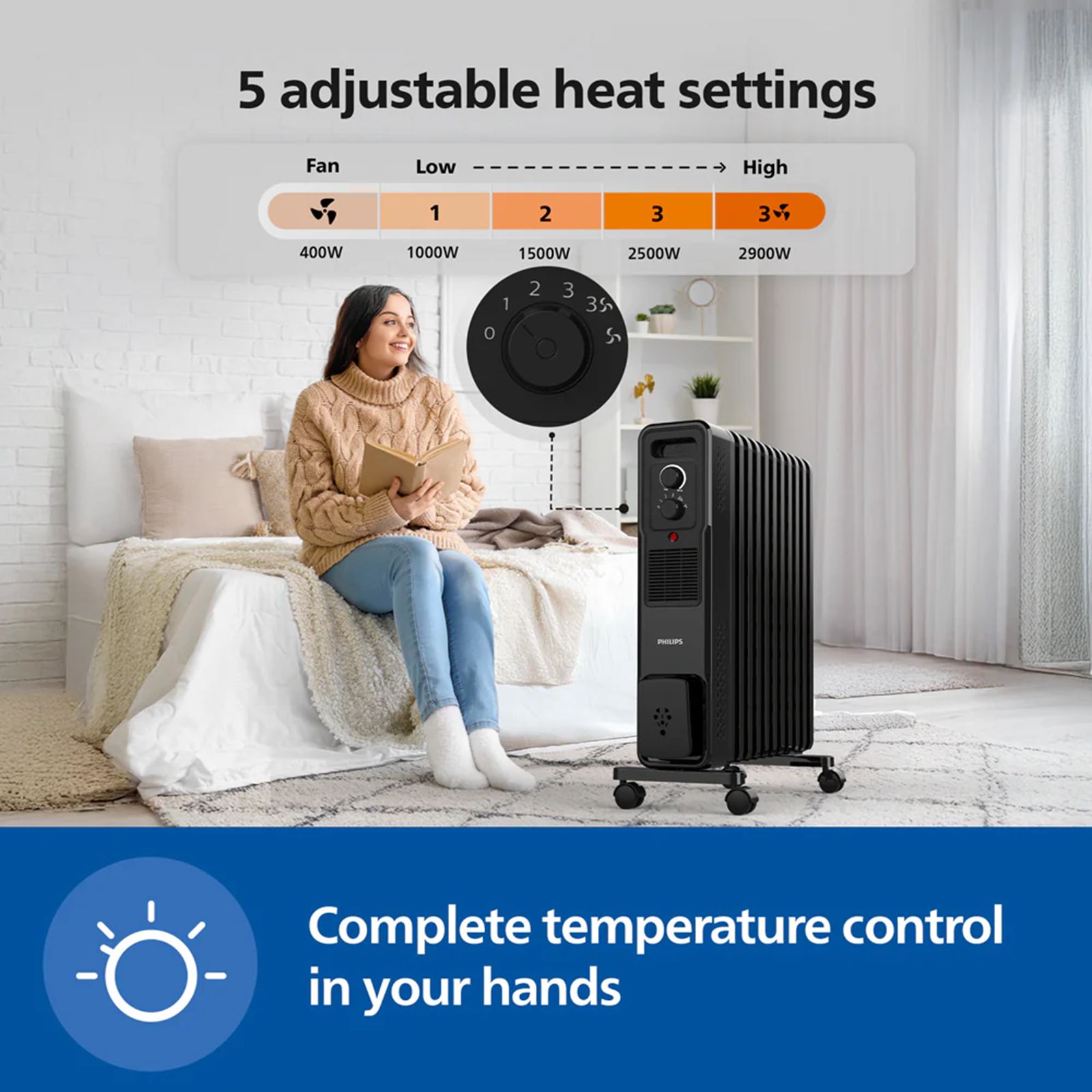 Philips CX301101 2900W Oil Filled Radiator Room Heater with Adjustable Thermostat (Tilt Protection, Black)_6