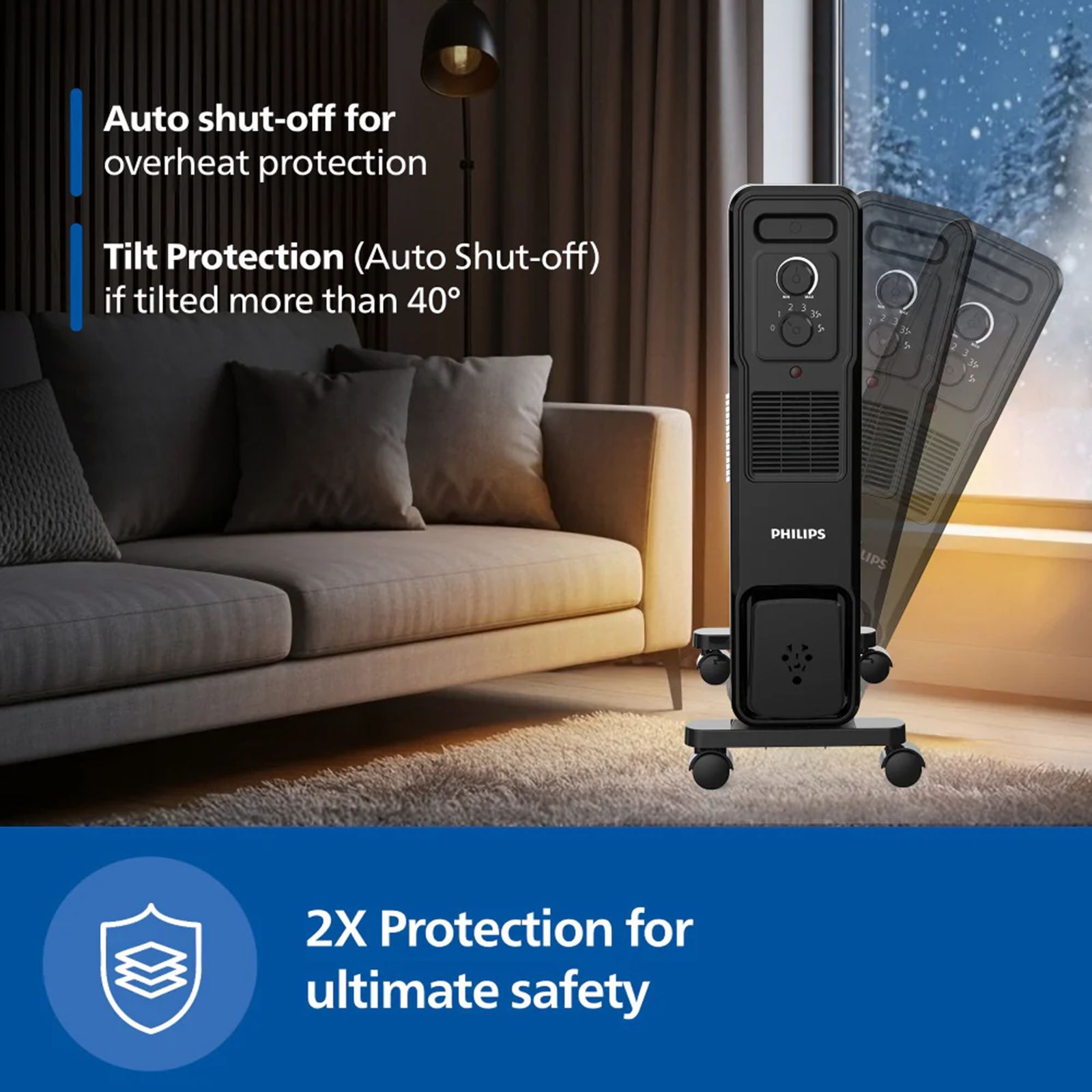 Philips CX301101 2900W Oil Filled Radiator Room Heater with Adjustable Thermostat (Tilt Protection, Black)_7