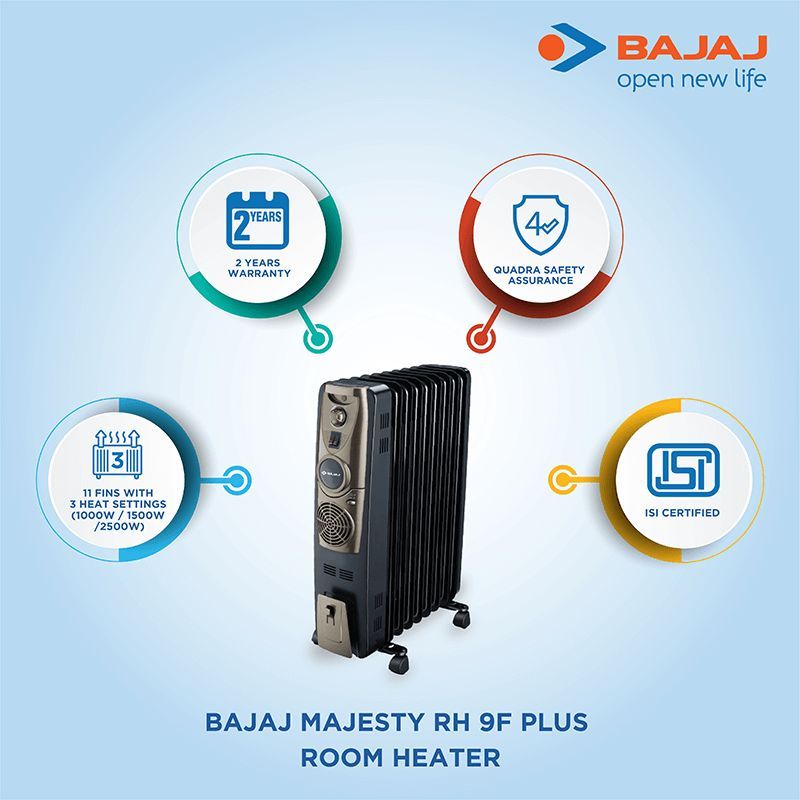 BAJAJ Majesty RH 9F Plus 2400W Oil Filled Radiator Room Heater with Quadra Safety Assurance (Noiseless Operation_5