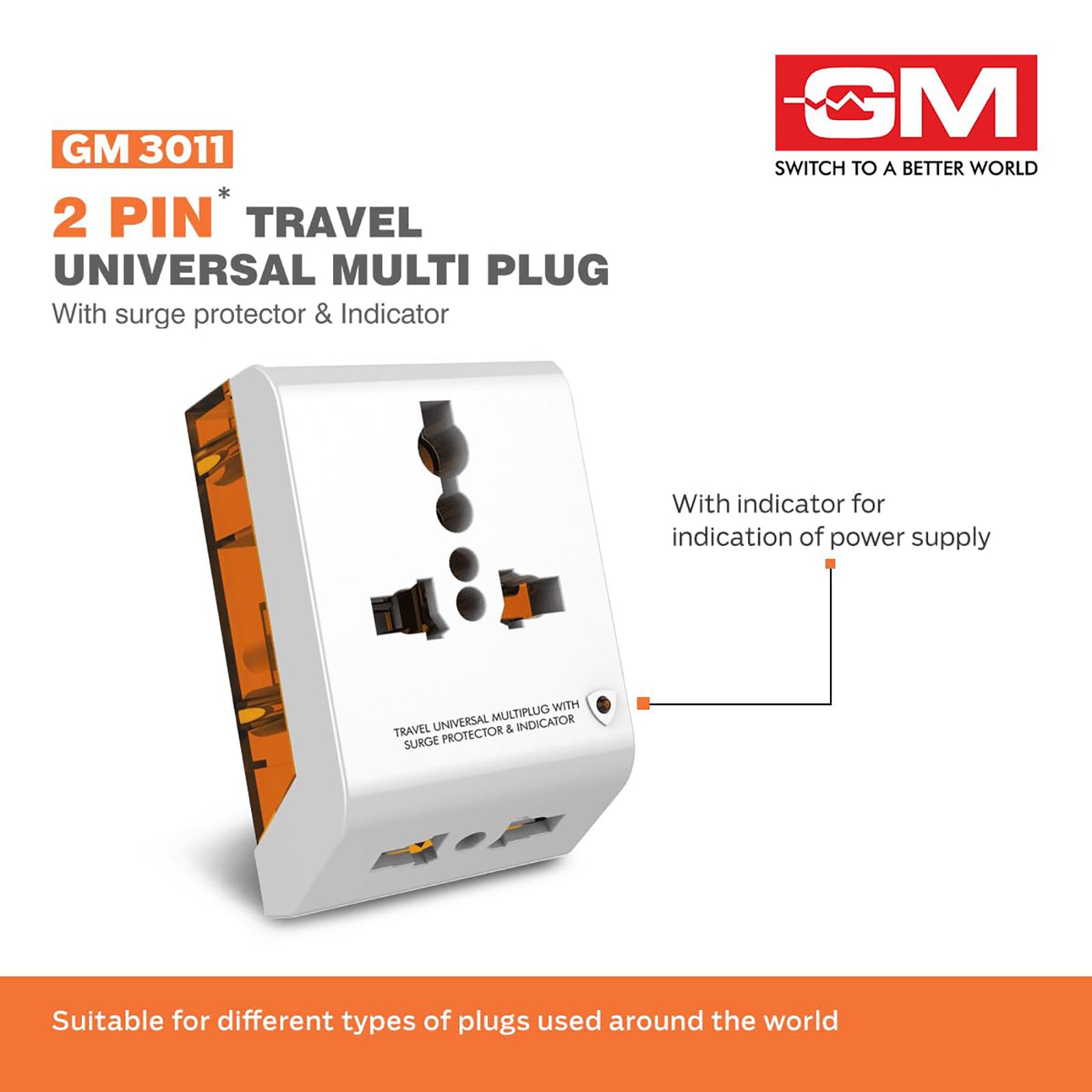GM 2 Pin Multi Plug Adaptor (With Surge Protector, 3011, White) GM 2 Pin Multi Plug Adaptor (With Surge Protector, 3011, White)_5