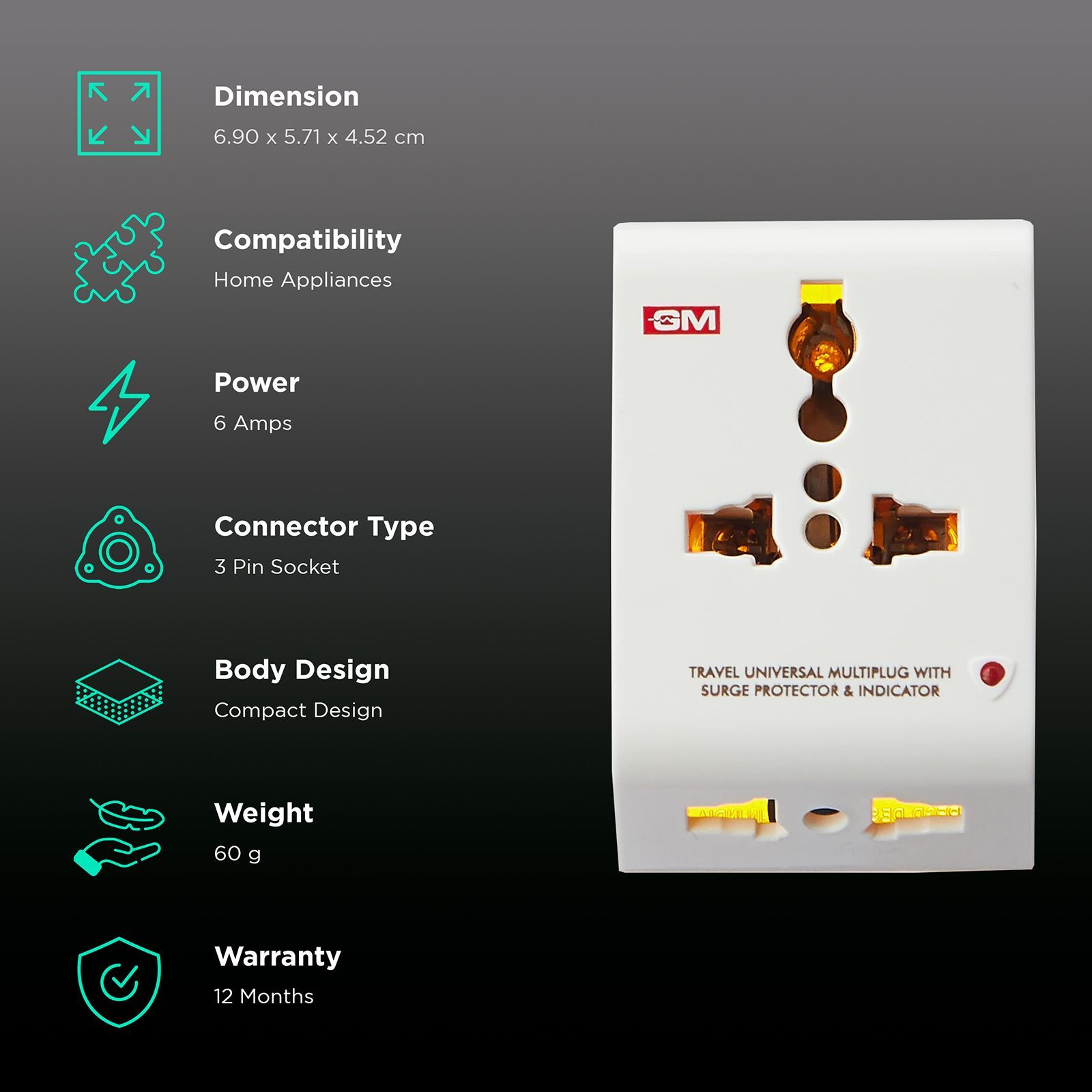 GM 2 Pin Multi Plug Adaptor (With Surge Protector, 3011, White) GM 2 Pin Multi Plug Adaptor (With Surge Protector, 3011, White)_2