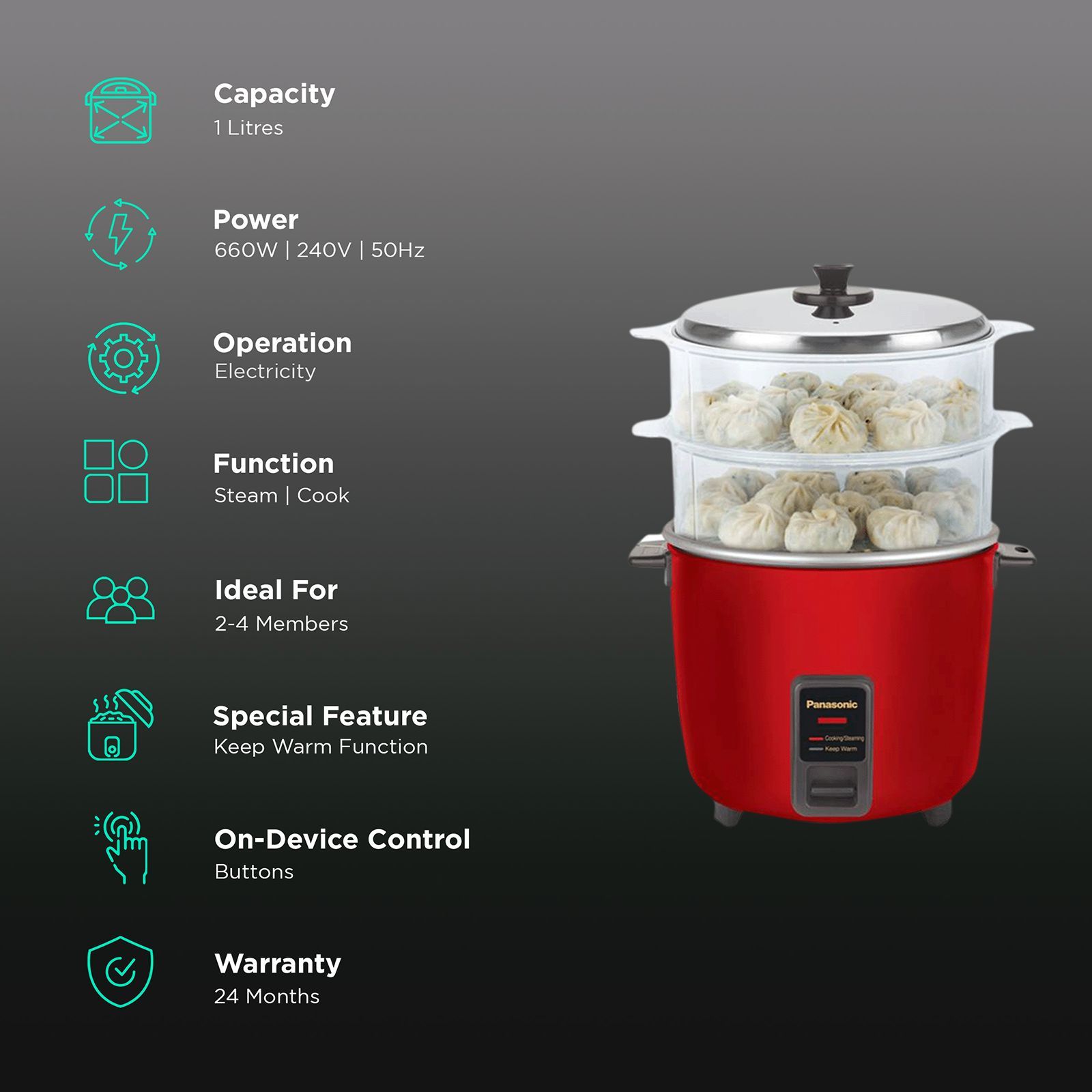 Panasonic Warmer Series 1 Litre Electric Rice Cooker with Steamer Function (Metallic Burgundy)_3