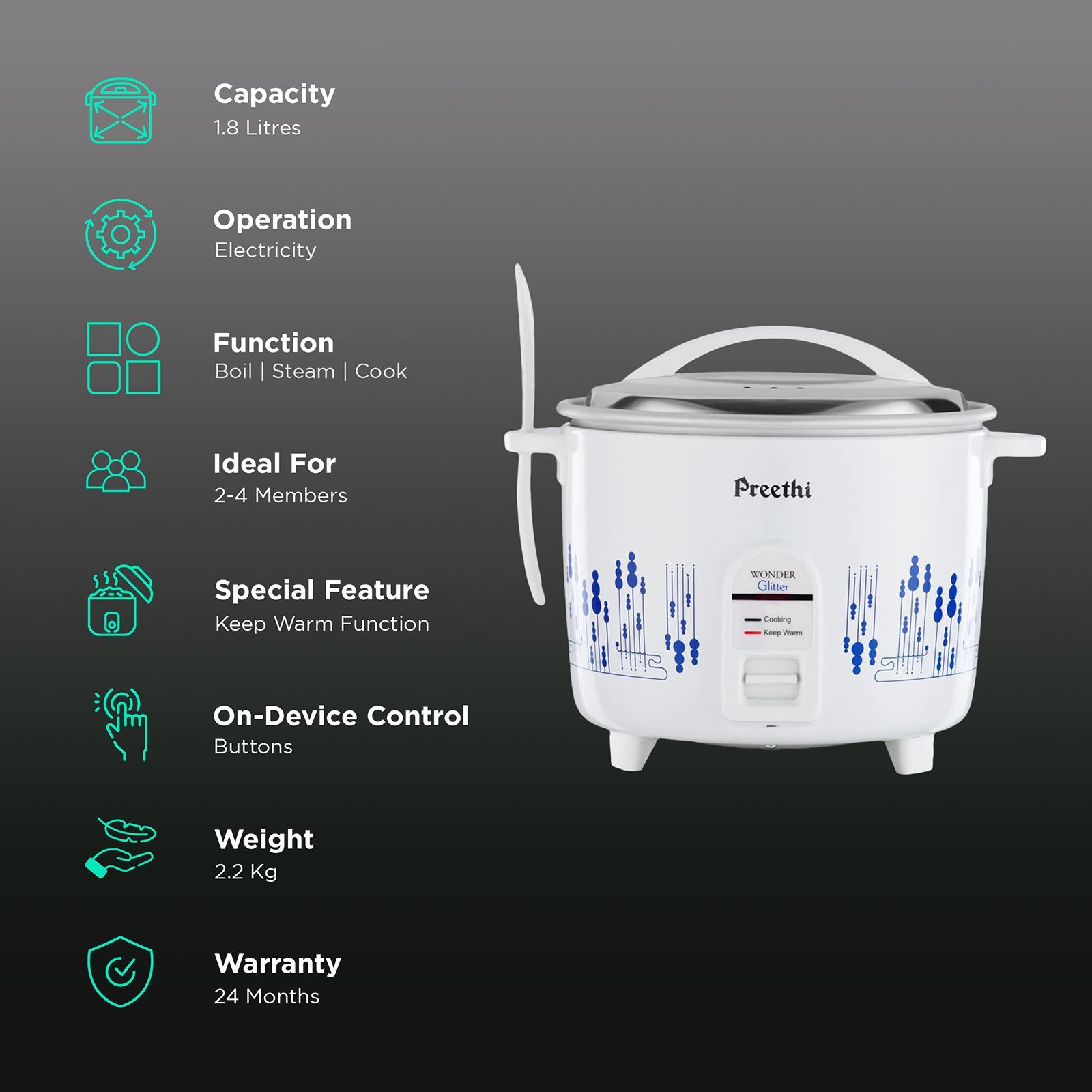 Preethi Glitter 1.8 Litre Electric Rice Cooker with Keep Warm Function (White) Preethi Glitter 1.8 Litre Electric Rice Cooker with Keep Warm Function (White)_3