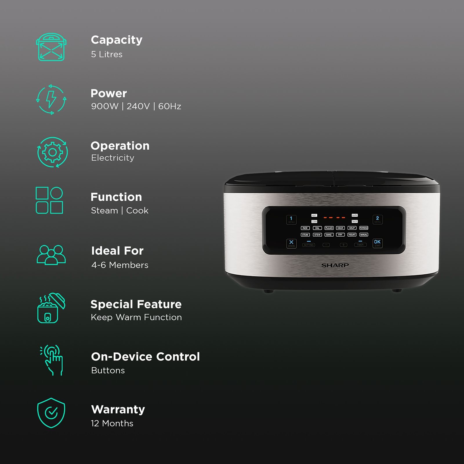 SHARP 5 Litre Electric Twin Cooker with Touch Control Operations (Silver) SHARP 5 Litre Electric Twin Cooker with Touch Control Operations (Silver)_3