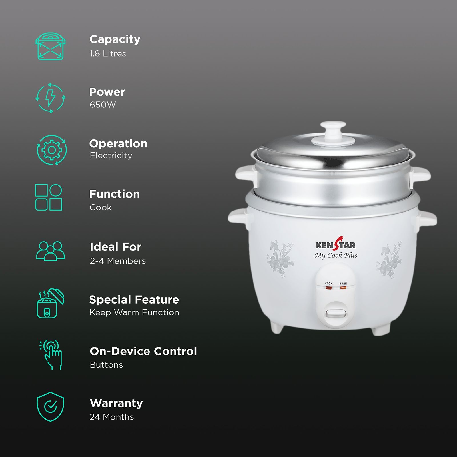 KENSTAR My Cook Plus 1.8 Litre Electric Rice Cooker with Keep Warm Function (White) KENSTAR My Cook Plus 1.8 Litre Electric Rice Cooker with Keep Warm Function (White)_3