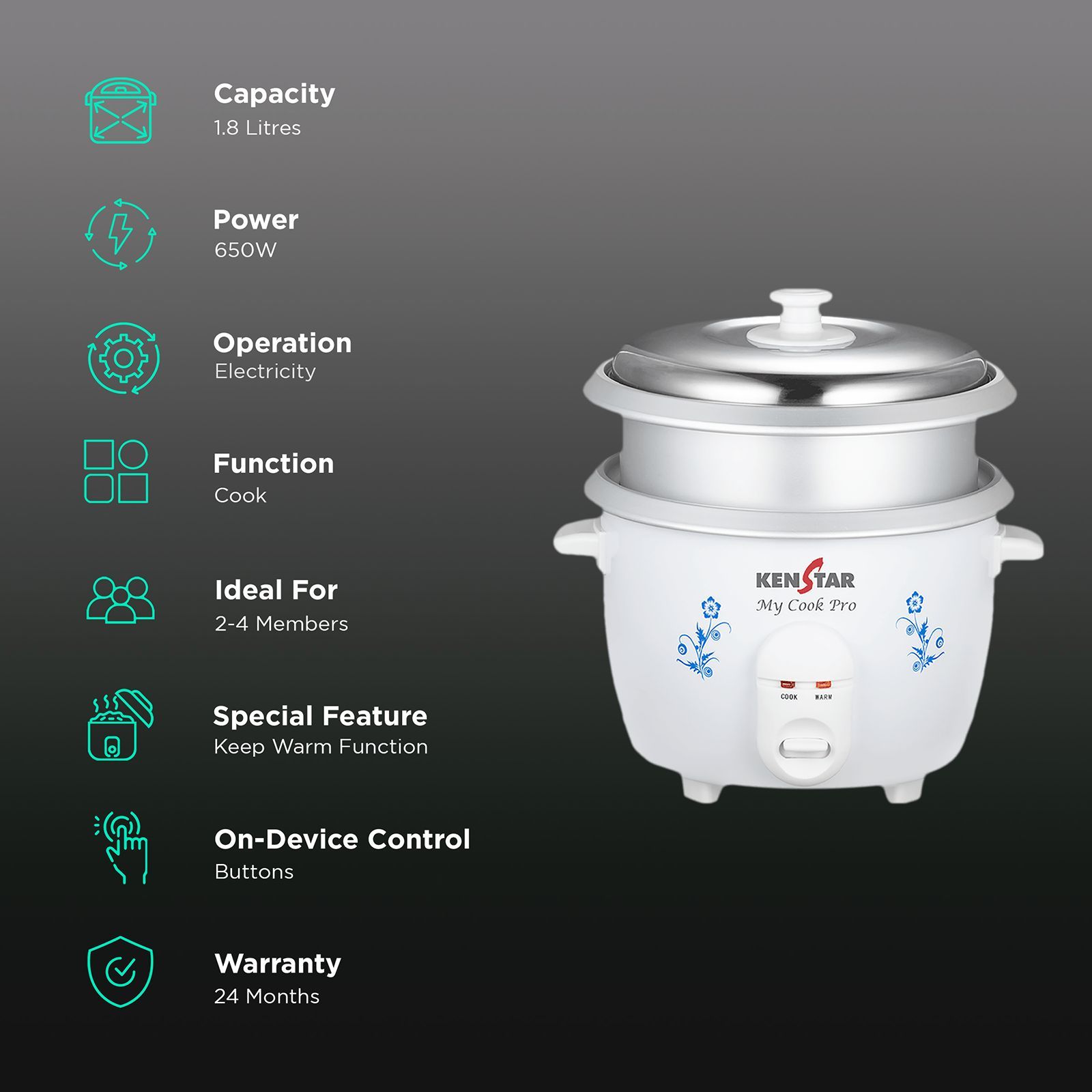 KENSTAR My Cook Pro 1.8 Litre Electric Rice Cooker with Keep Warm Function (White) KENSTAR My Cook Pro 1.8 Litre Electric Rice Cooker with Keep Warm Function (White)_3