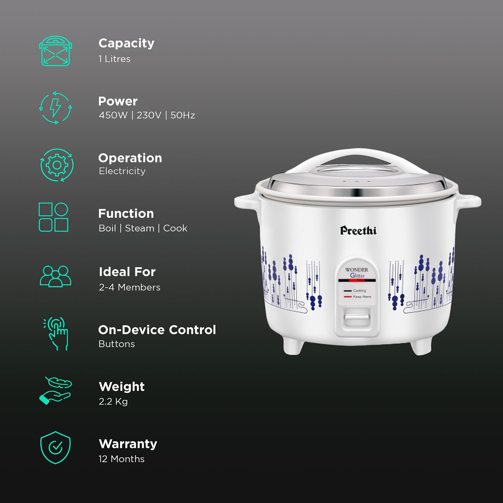 Preethi Glitter 1 Litre Electric Rice Cooker with RoHS Compliance (White)_3