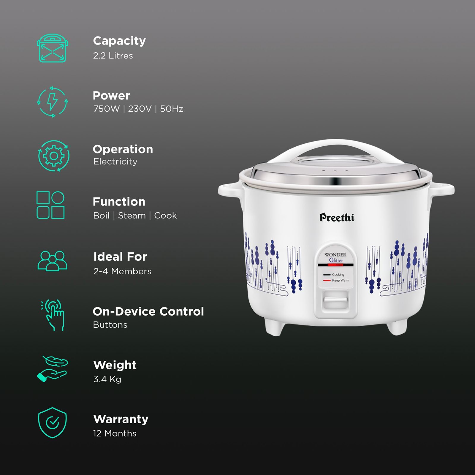 Preethi Glitter 2.2 Litre Electric Rice Cooker with Rust Proof Body (White)_3