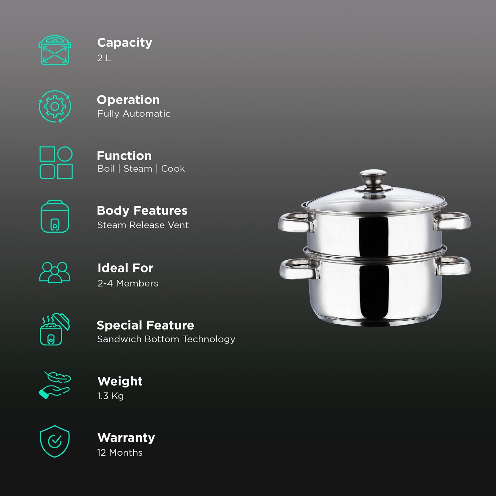 VINOD 2TS18 2 Litres Gas Steamer with Induction Friendly (Grey)_3